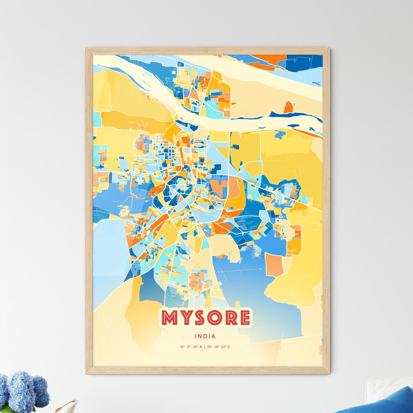 Colorful MYSORE INDIA Fine Art Map Blue Orange