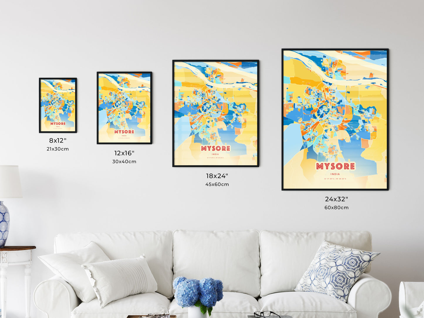 Colorful MYSORE INDIA Fine Art Map Blue Orange