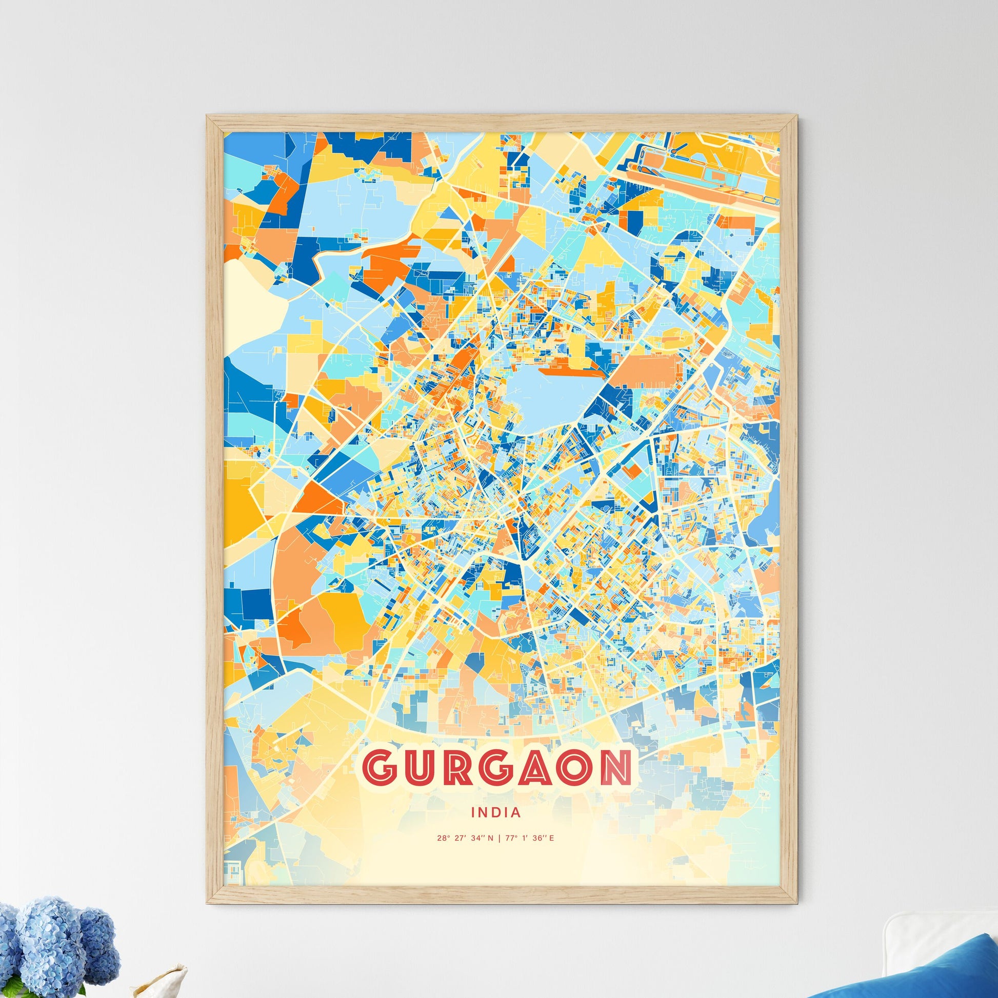 Colorful GURGAON INDIA Fine Art Map Blue Orange