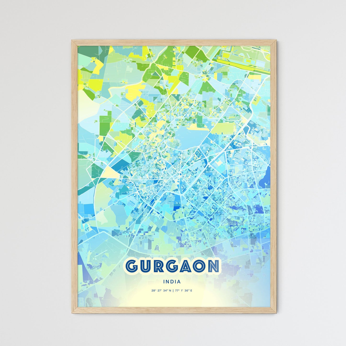 Colorful GURGAON INDIA Fine Art Map Cool Blue