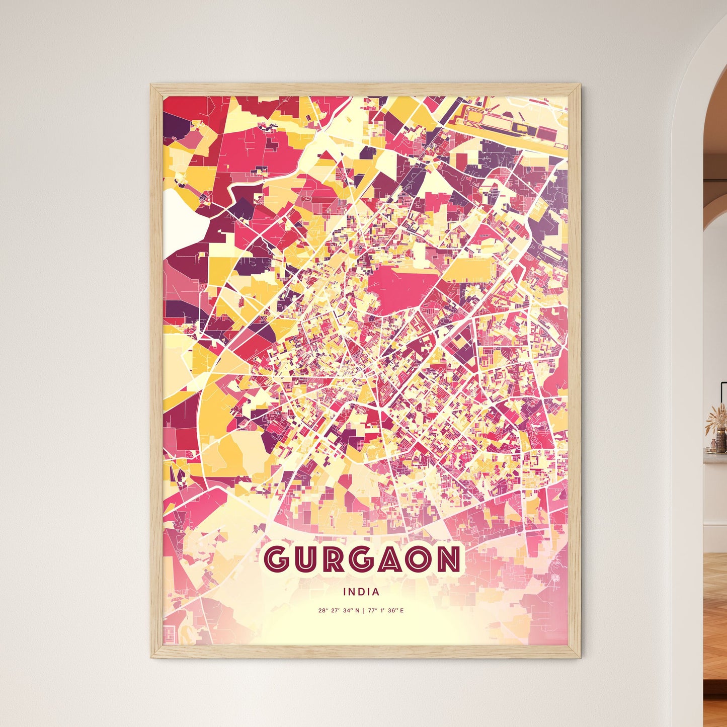 Colorful GURGAON INDIA Fine Art Map Hot Red