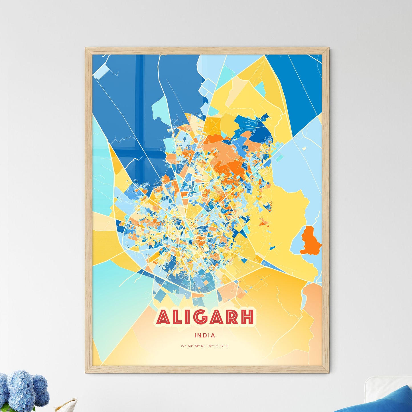 Colorful ALIGARH INDIA Fine Art Map Blue Orange