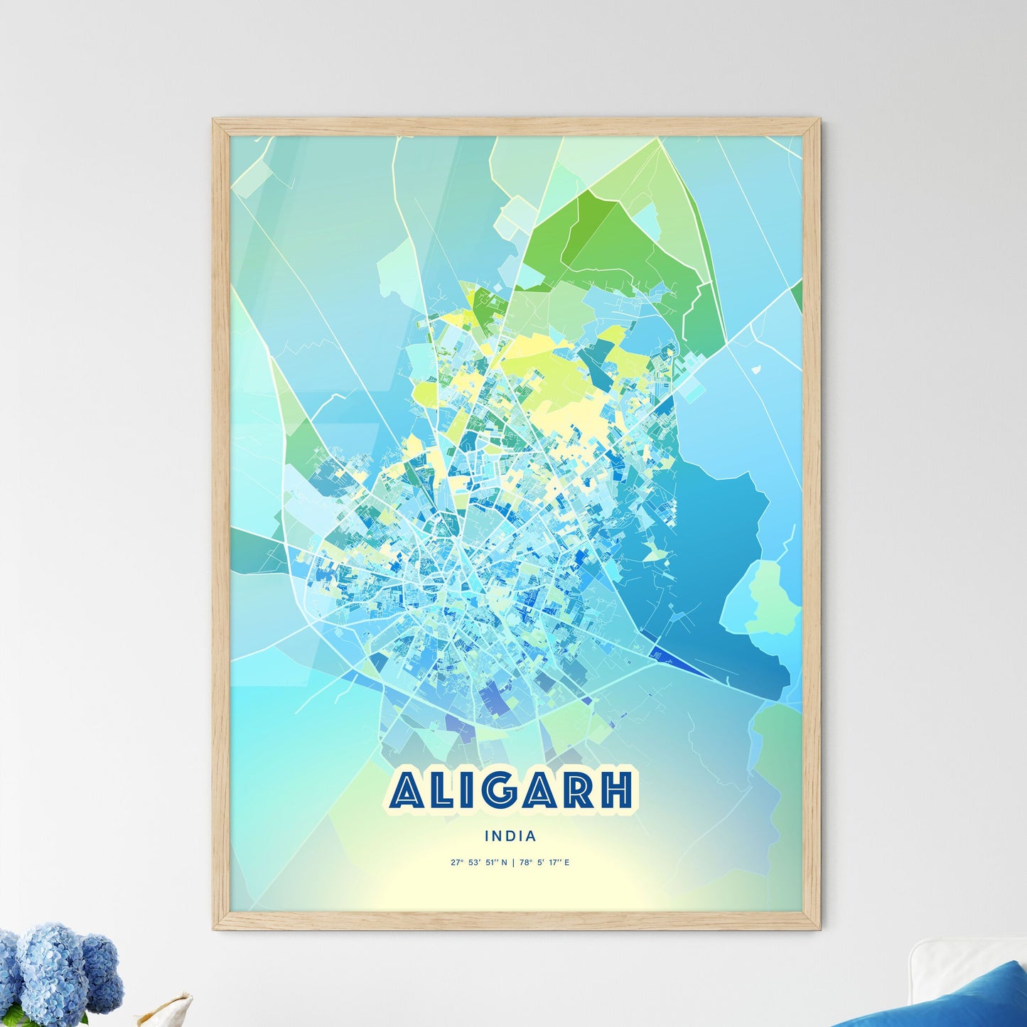 Colorful ALIGARH INDIA Fine Art Map Cool Blue