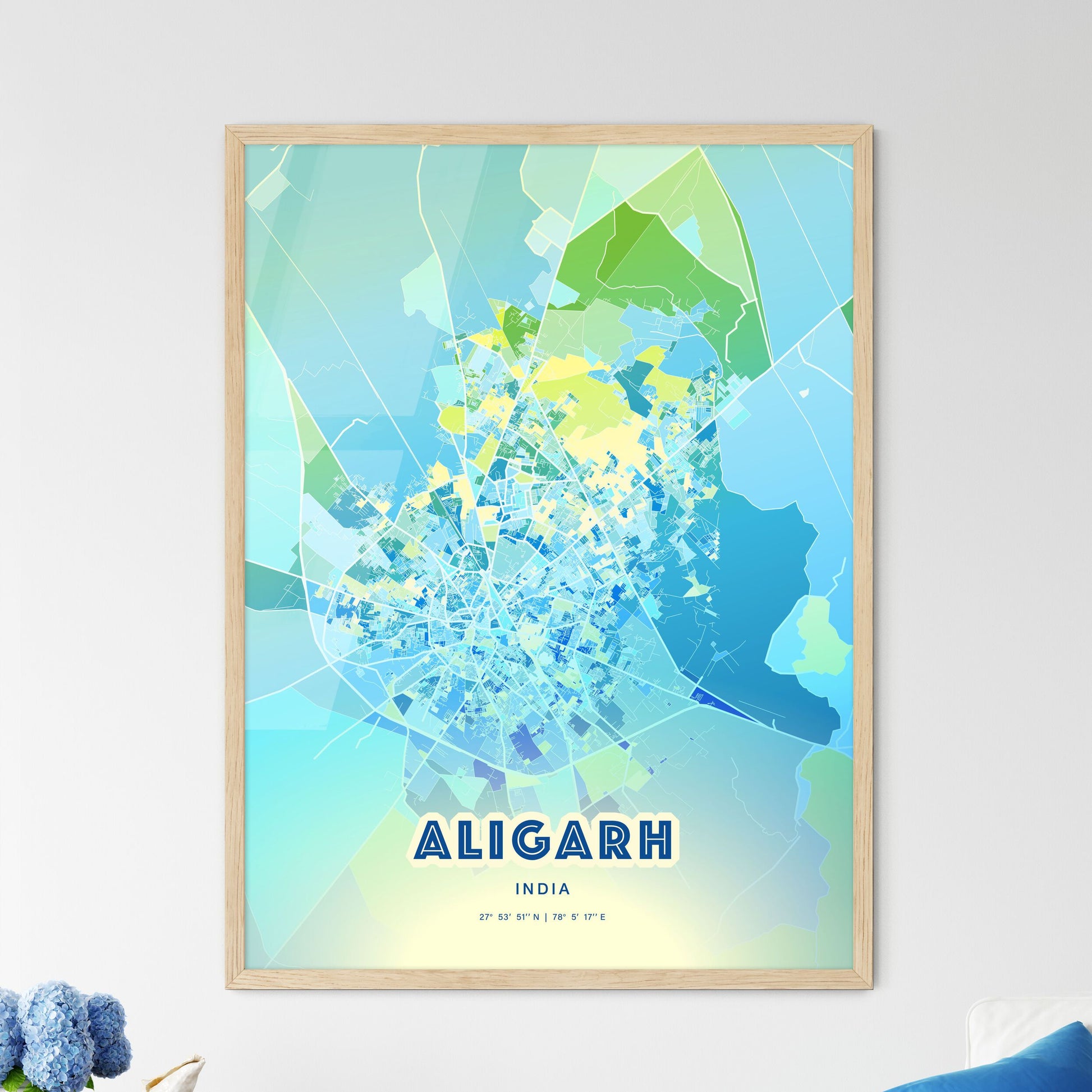 Colorful ALIGARH INDIA Fine Art Map Cool Blue