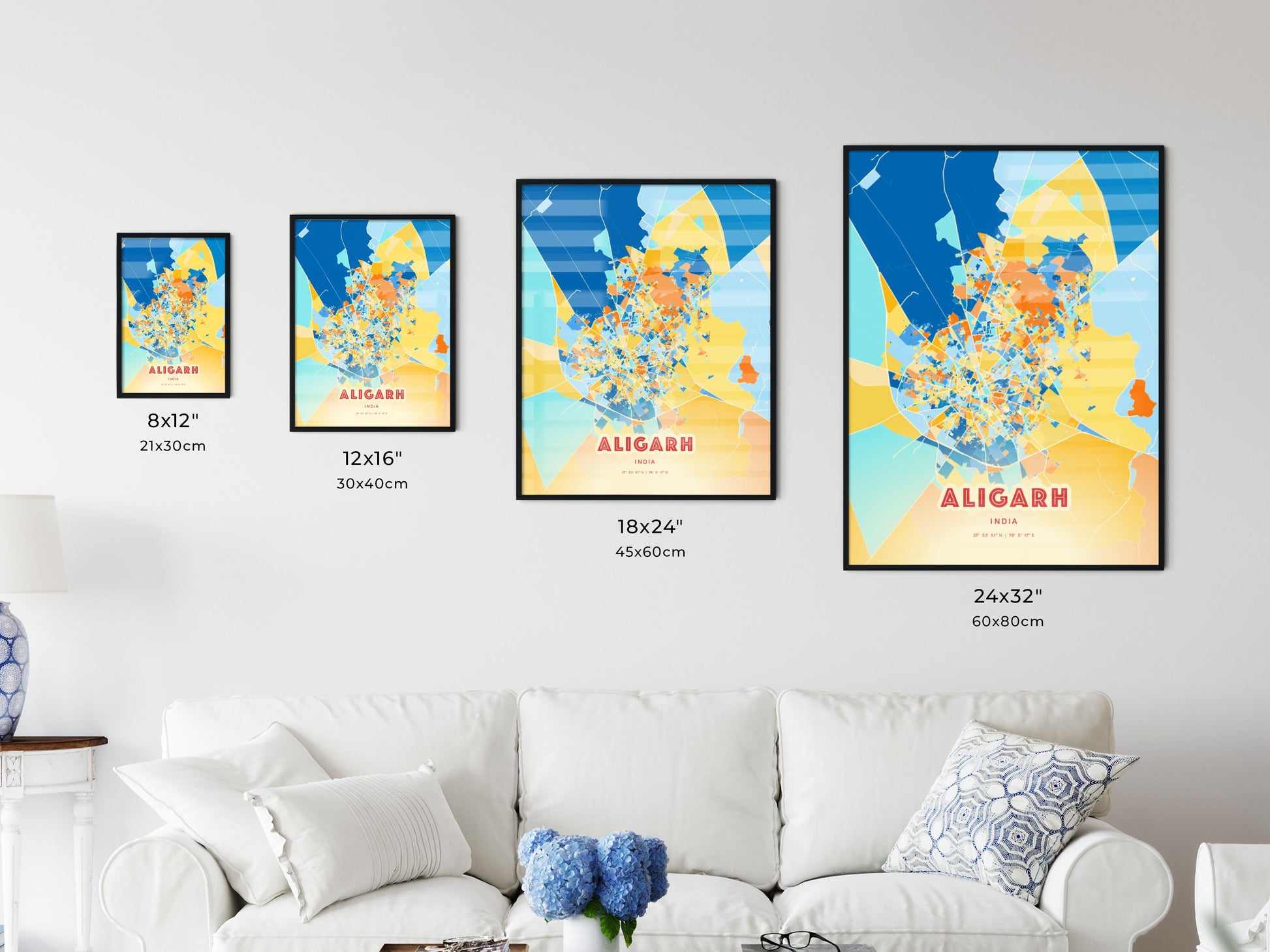 Colorful ALIGARH INDIA Fine Art Map Blue Orange