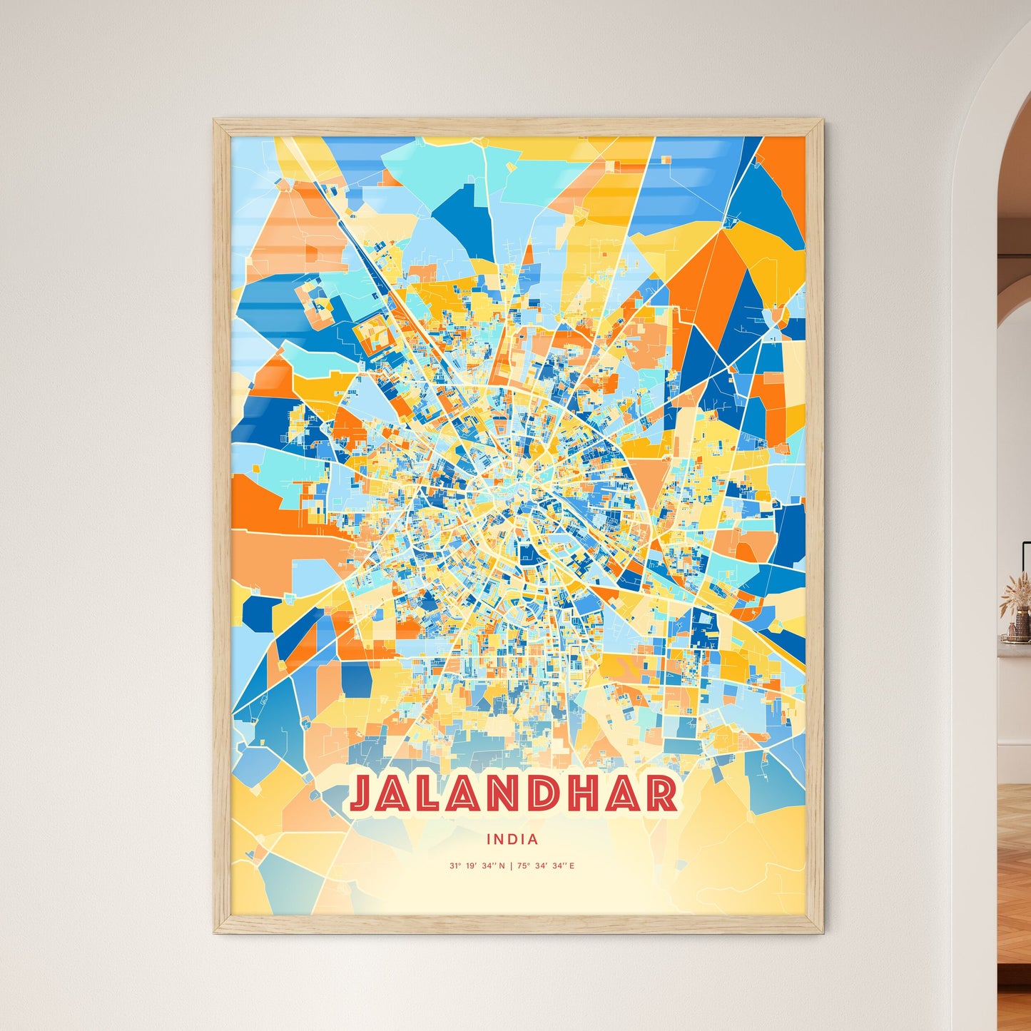 Colorful JALANDHAR INDIA Fine Art Map Blue Orange