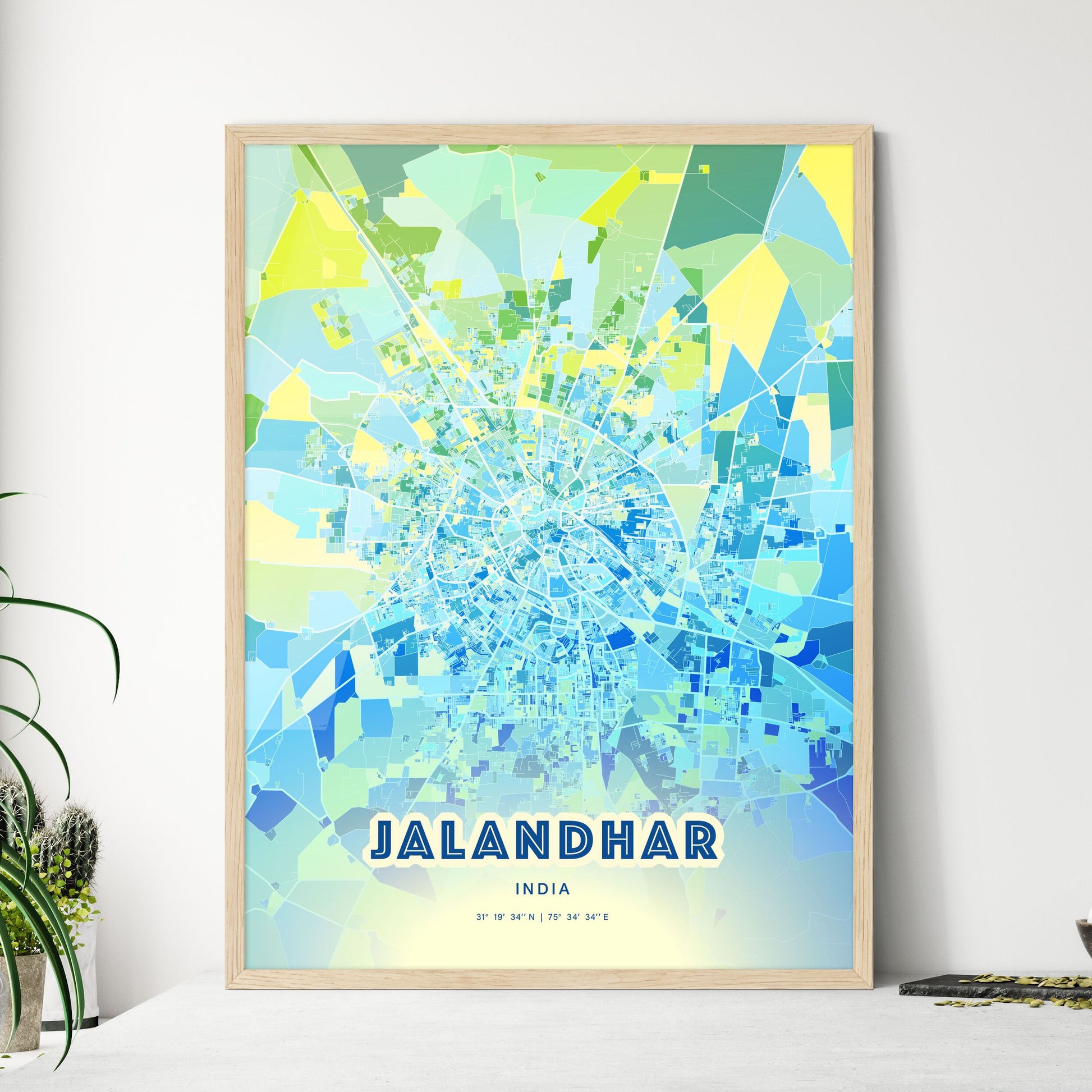 Colorful JALANDHAR INDIA Fine Art Map Cool Blue