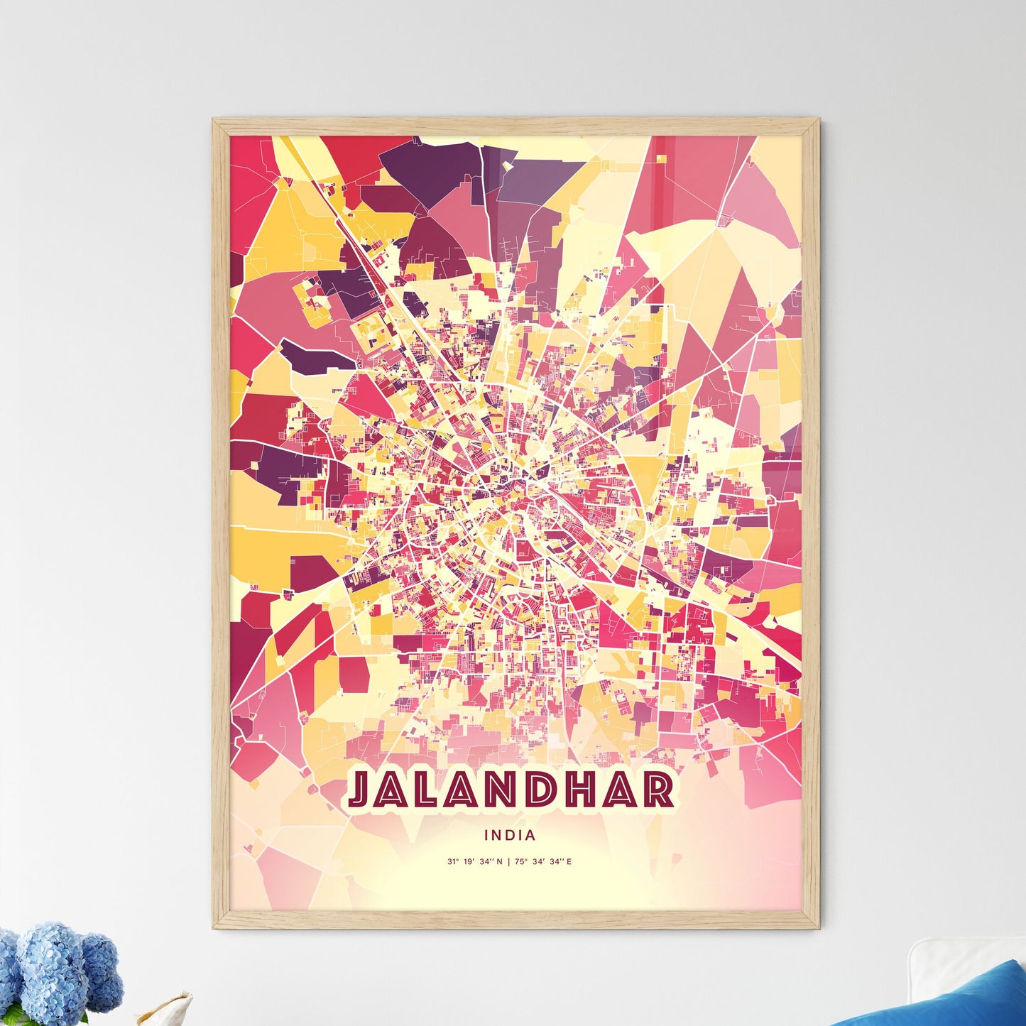 Colorful JALANDHAR INDIA Fine Art Map Hot Red