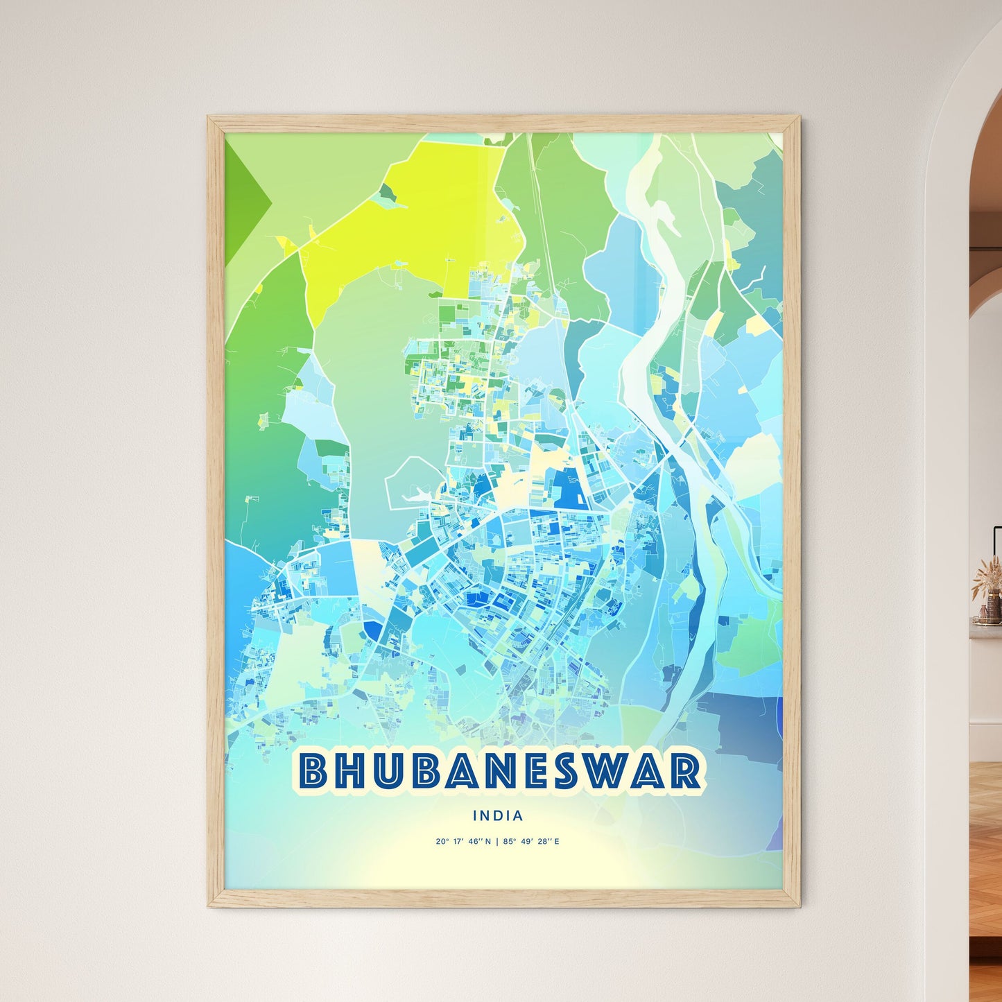 Colorful BHUBANESWAR INDIA Fine Art Map Cool Blue