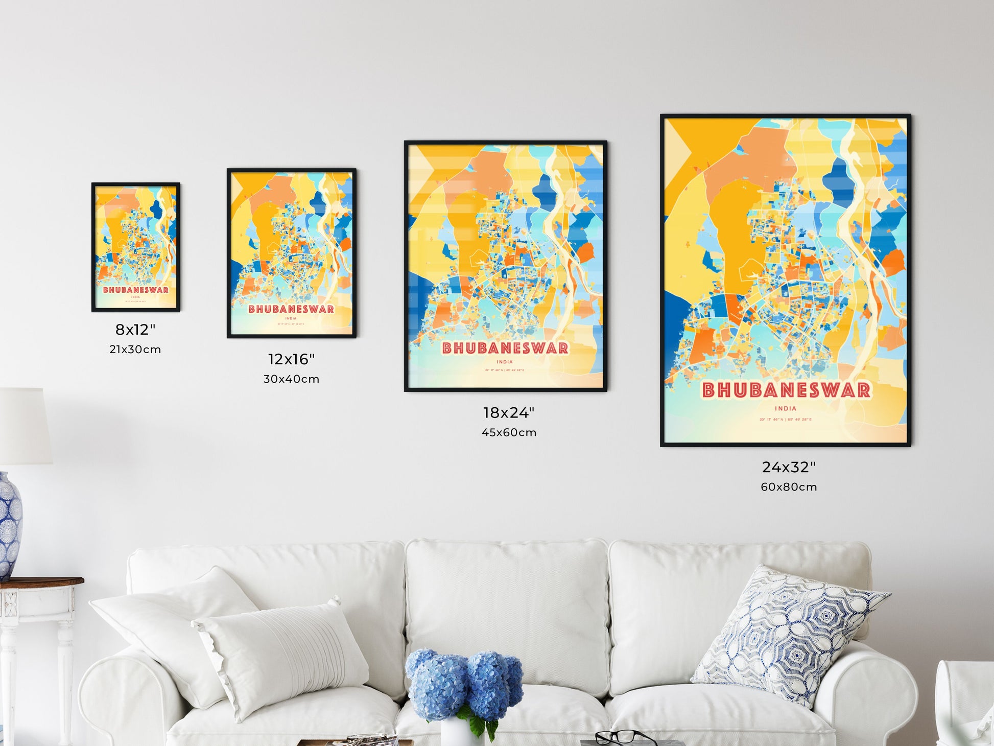 Colorful BHUBANESWAR INDIA Fine Art Map Blue Orange