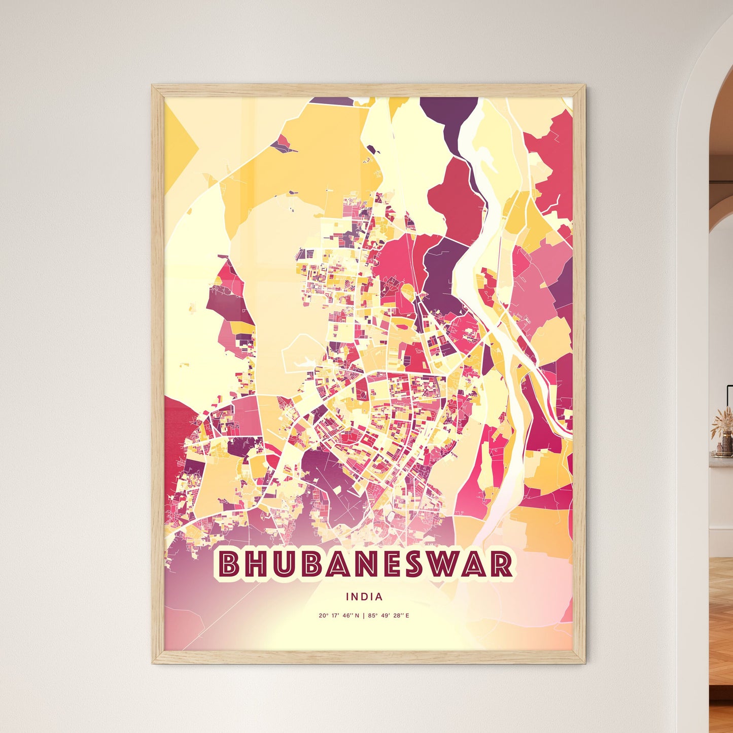 Colorful BHUBANESWAR INDIA Fine Art Map Hot Red