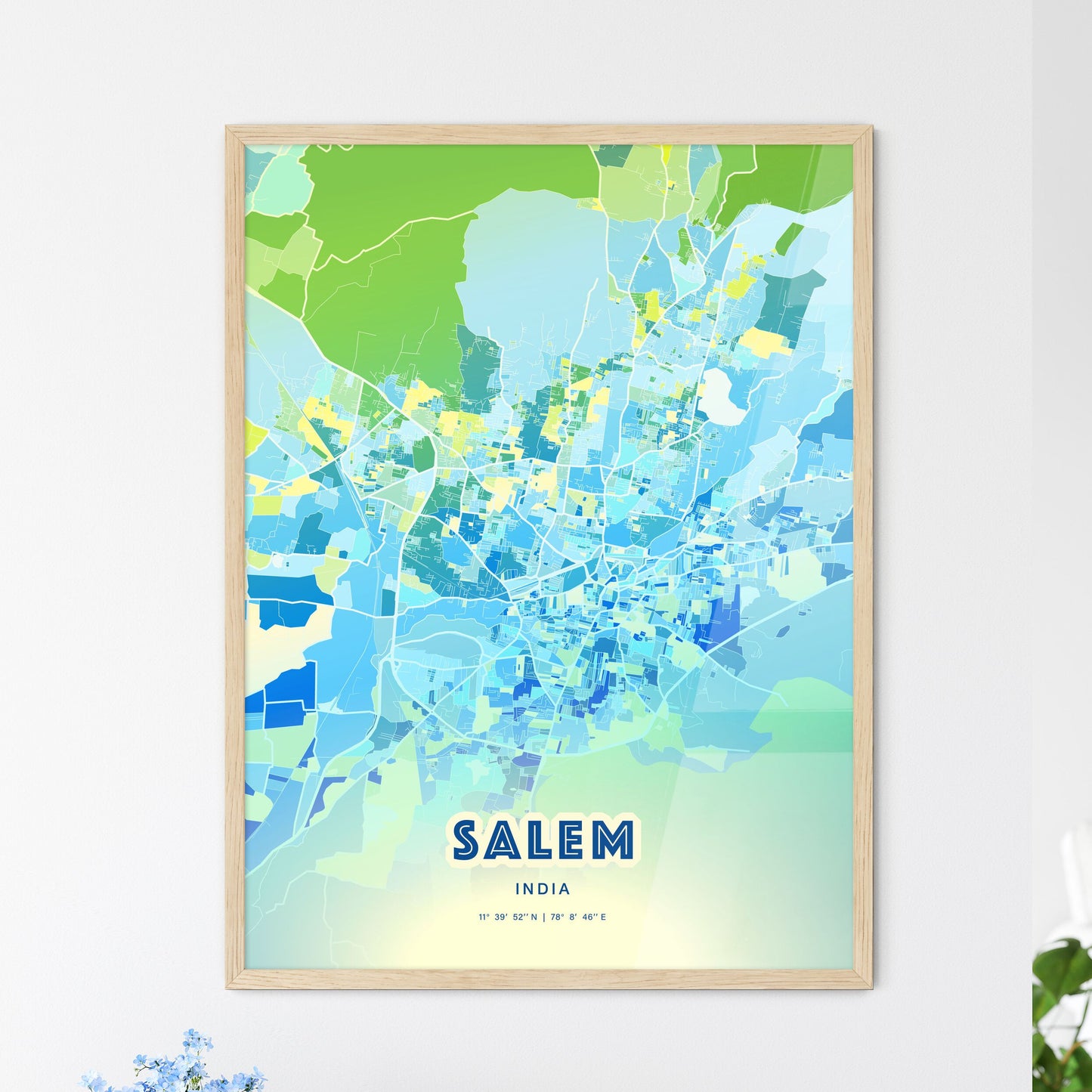 Colorful SALEM INDIA Fine Art Map Cool Blue