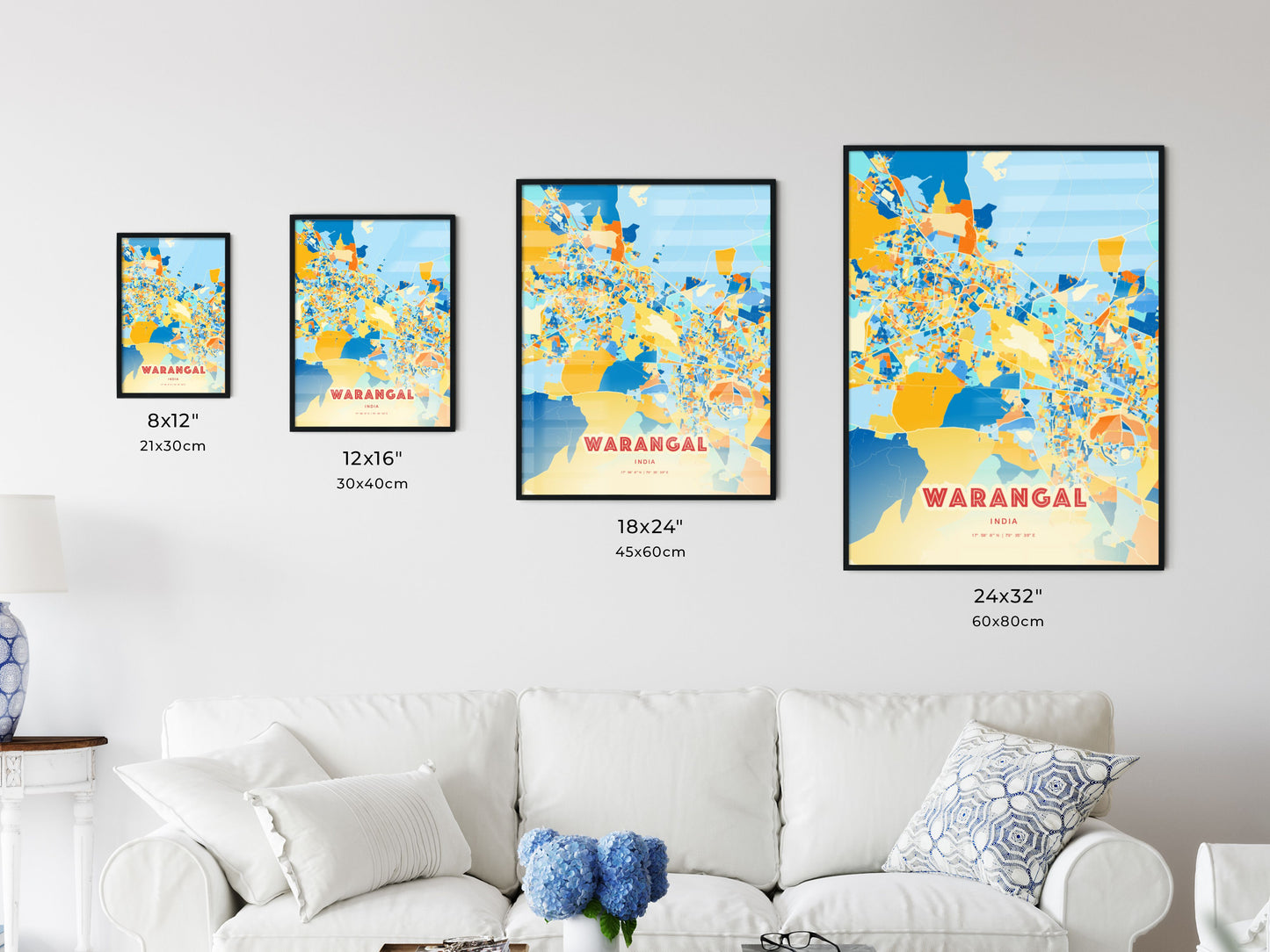 Colorful WARANGAL INDIA Fine Art Map Blue Orange