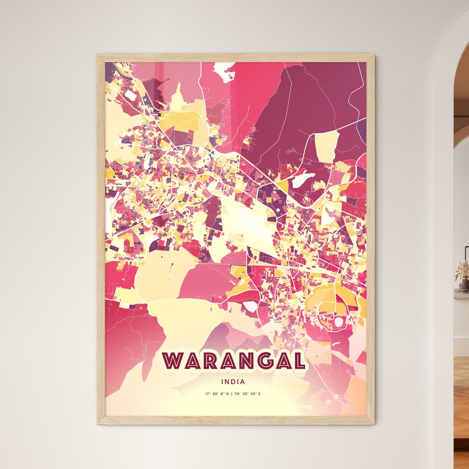 Colorful WARANGAL INDIA Fine Art Map Hot Red