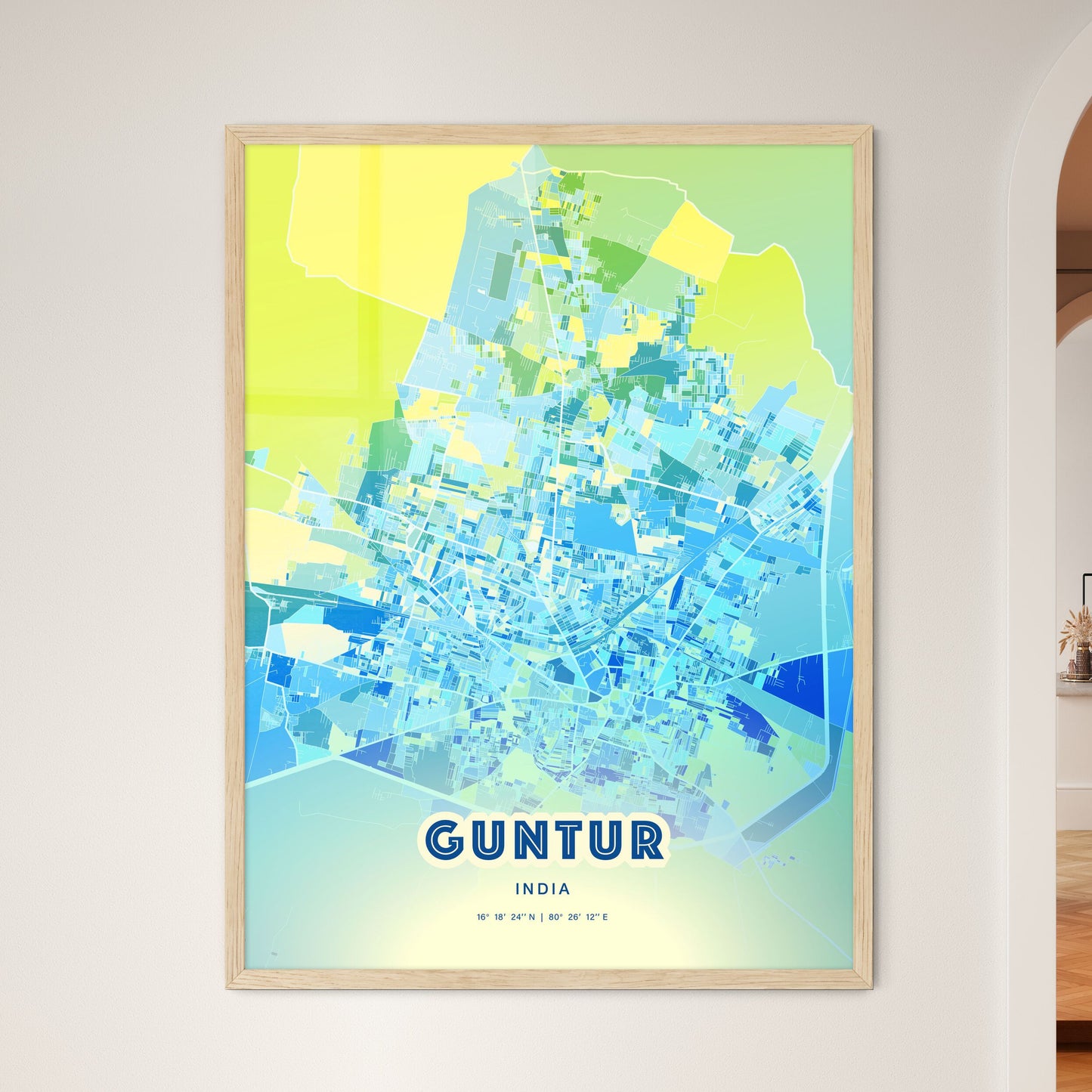 Colorful GUNTUR INDIA Fine Art Map Cool Blue