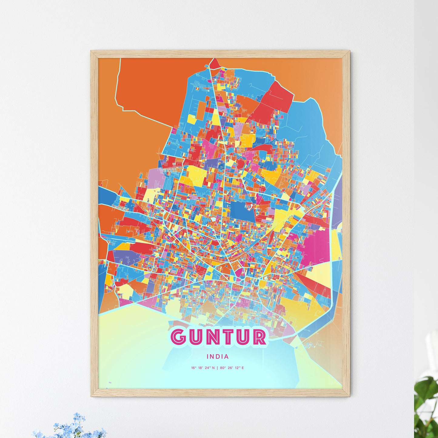 Colorful GUNTUR INDIA Fine Art Map Crazy Colors