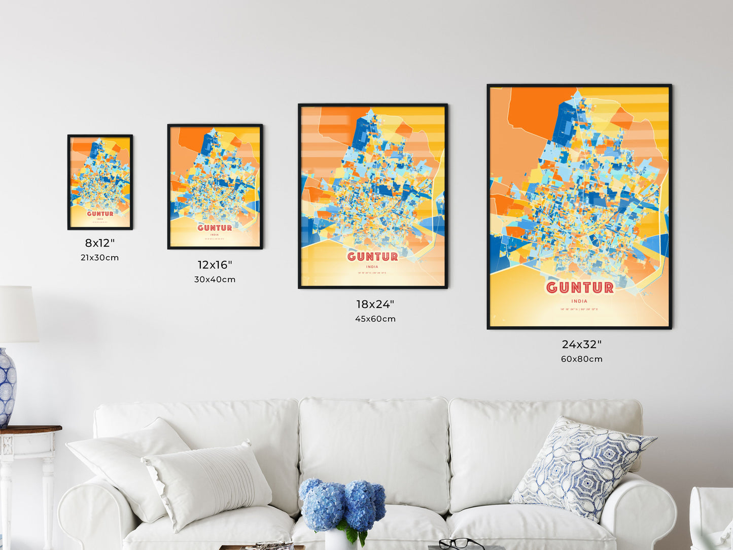 Colorful GUNTUR INDIA Fine Art Map Blue Orange