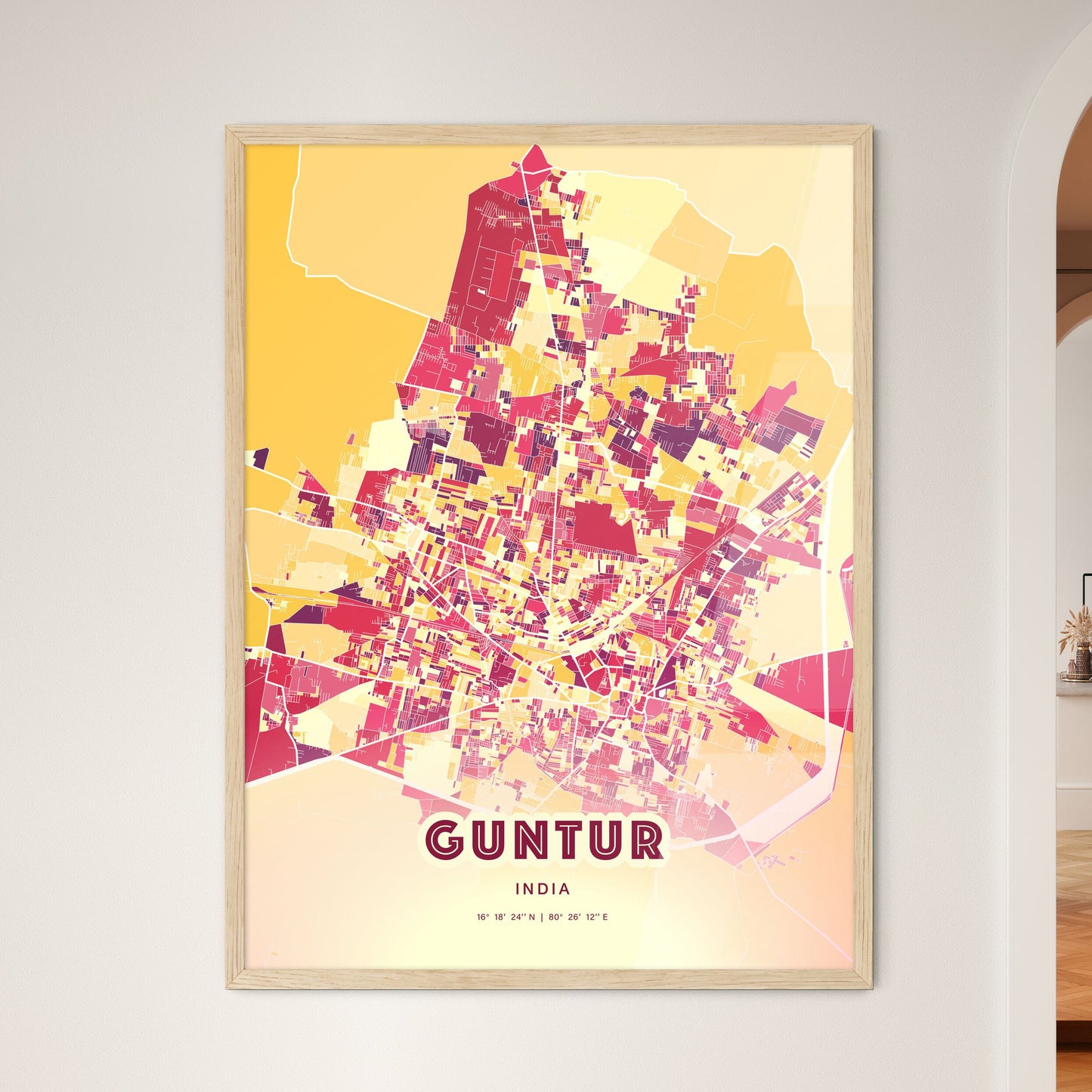 Colorful GUNTUR INDIA Fine Art Map Hot Red