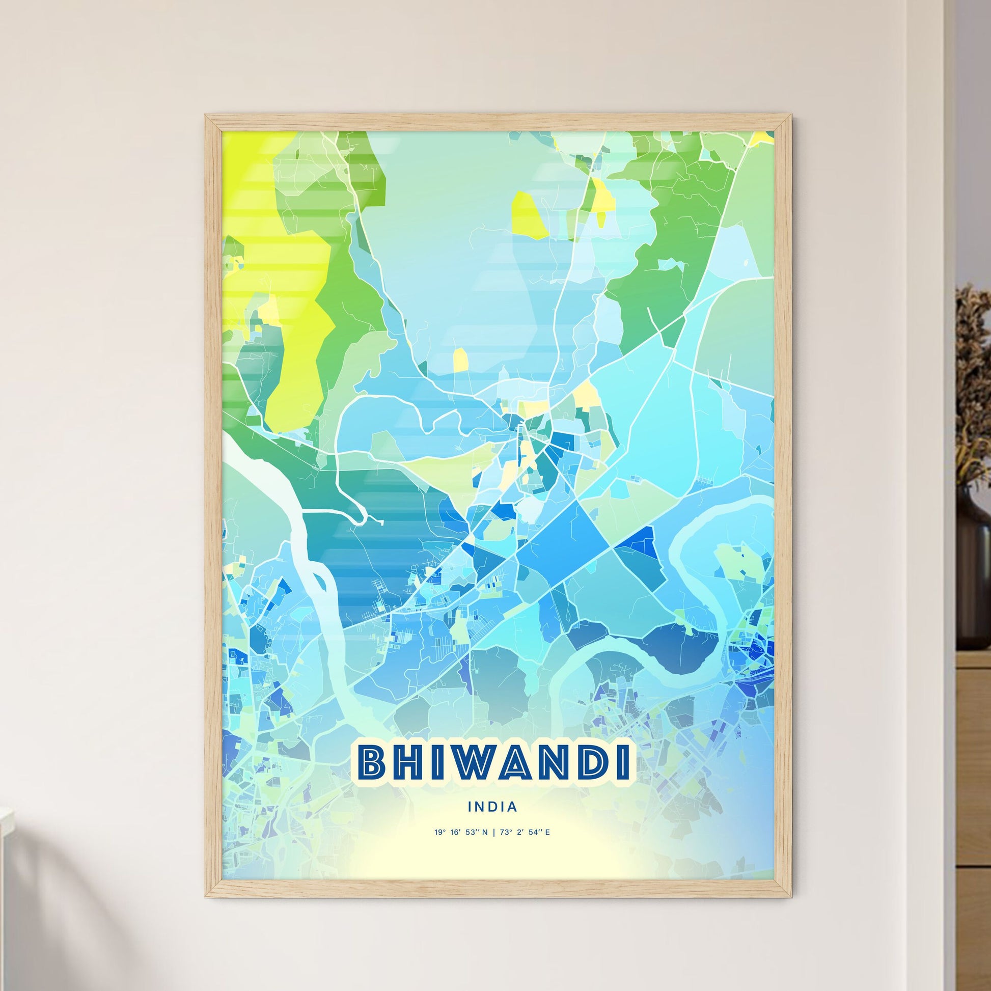 Colorful BHIWANDI INDIA Fine Art Map Cool Blue