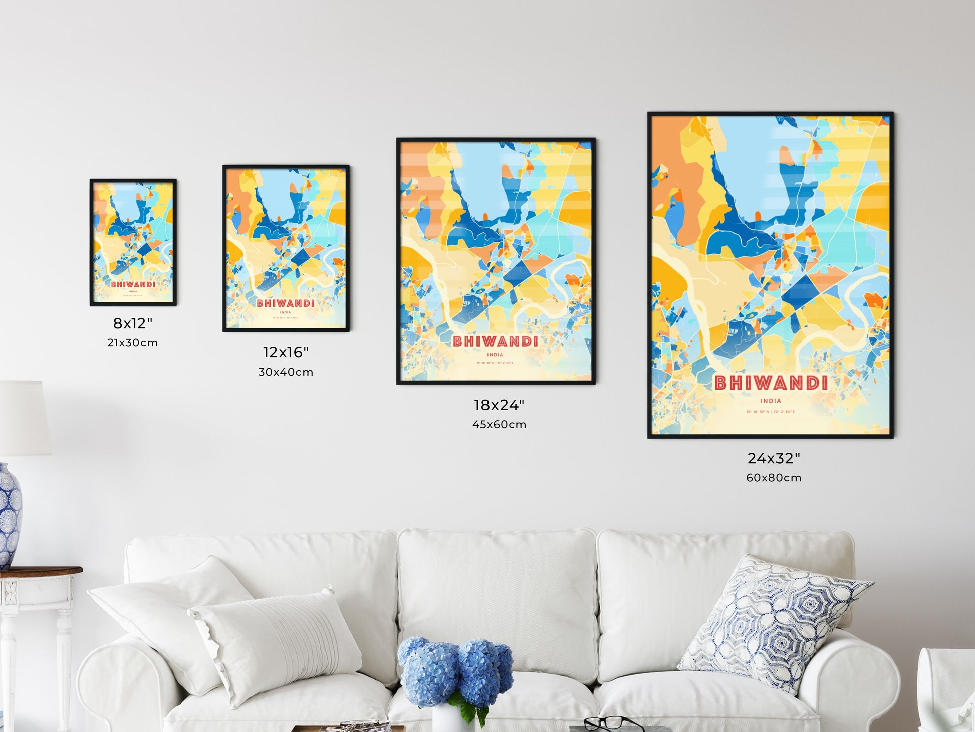 Colorful BHIWANDI INDIA Fine Art Map Blue Orange