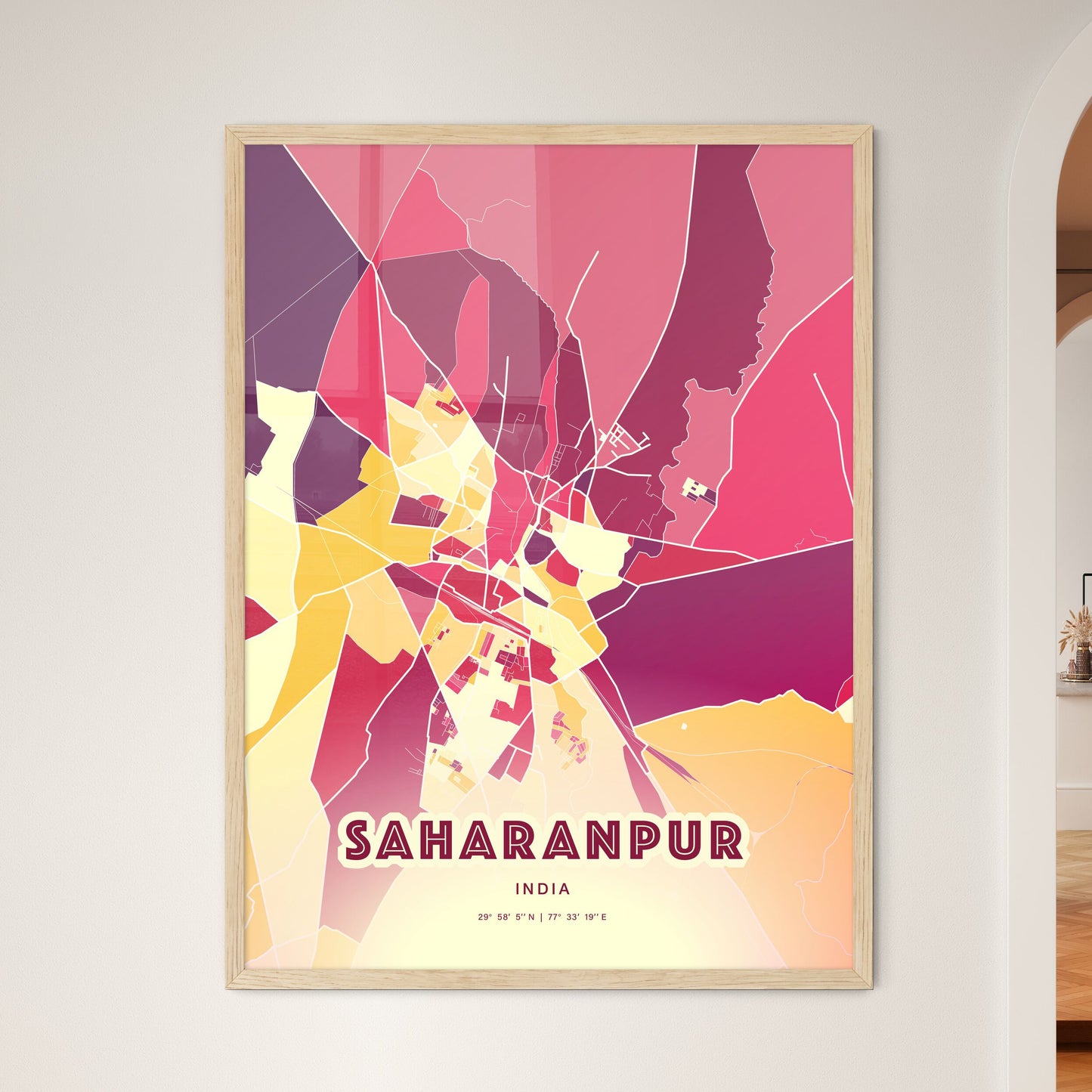 Colorful SAHARANPUR INDIA Fine Art Map Hot Red