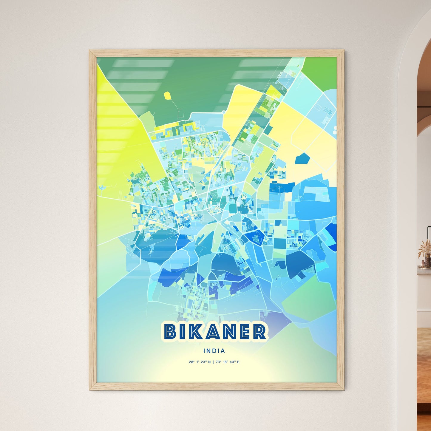 Colorful BIKANER INDIA Fine Art Map Cool Blue