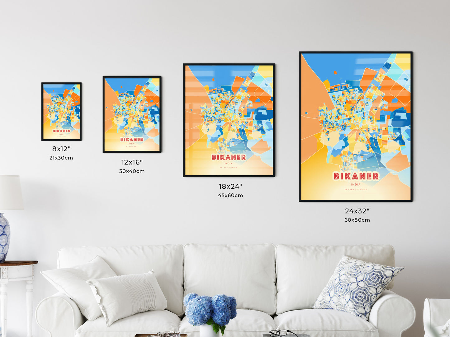 Colorful BIKANER INDIA Fine Art Map Blue Orange