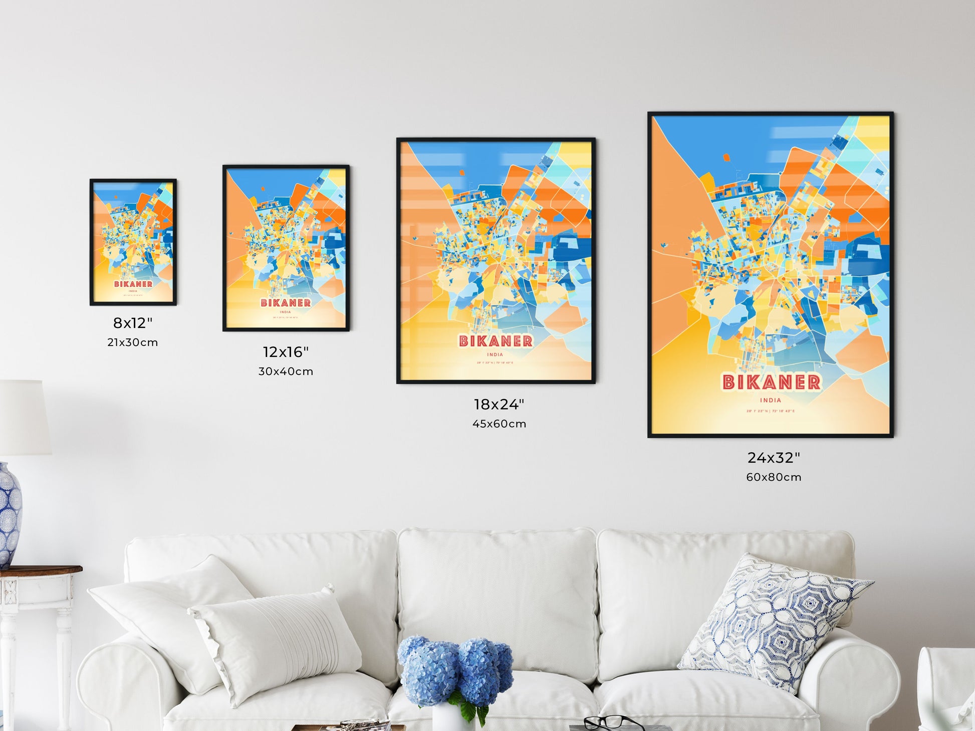 Colorful BIKANER INDIA Fine Art Map Blue Orange