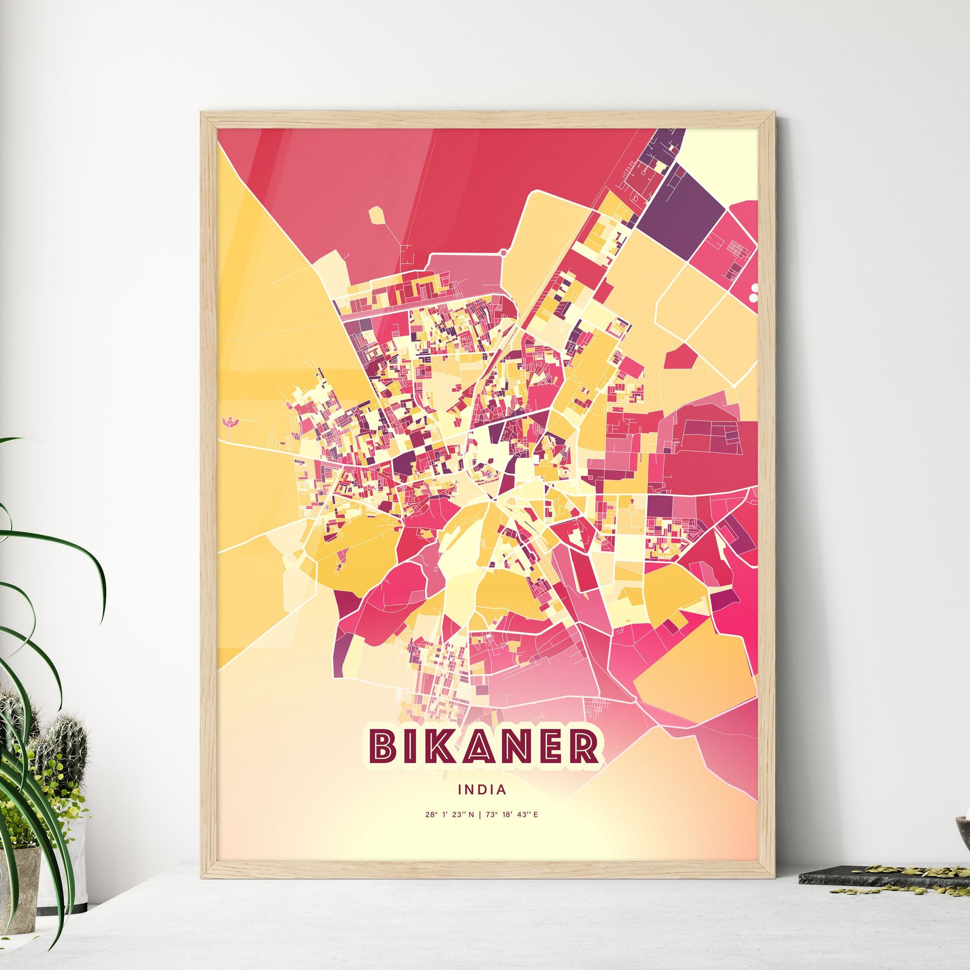 Colorful BIKANER INDIA Fine Art Map Hot Red