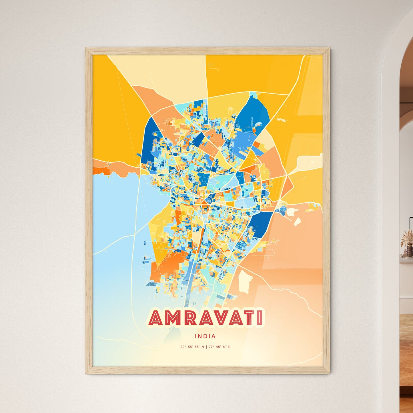 Colorful AMRAVATI INDIA Fine Art Map Blue Orange