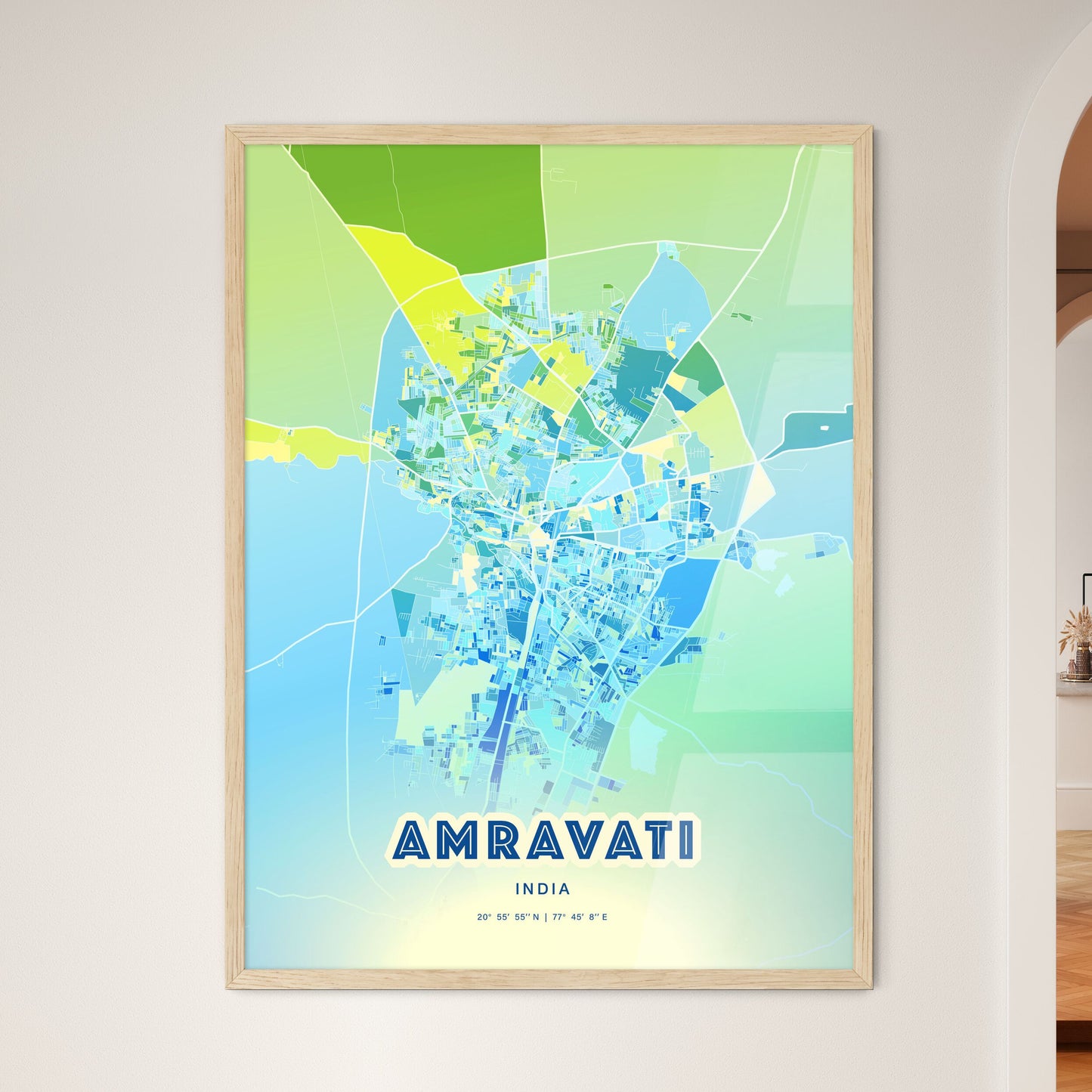 Colorful AMRAVATI INDIA Fine Art Map Cool Blue