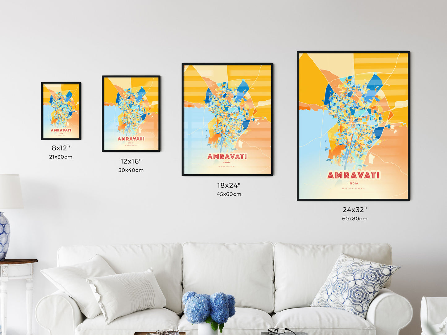 Colorful AMRAVATI INDIA Fine Art Map Blue Orange