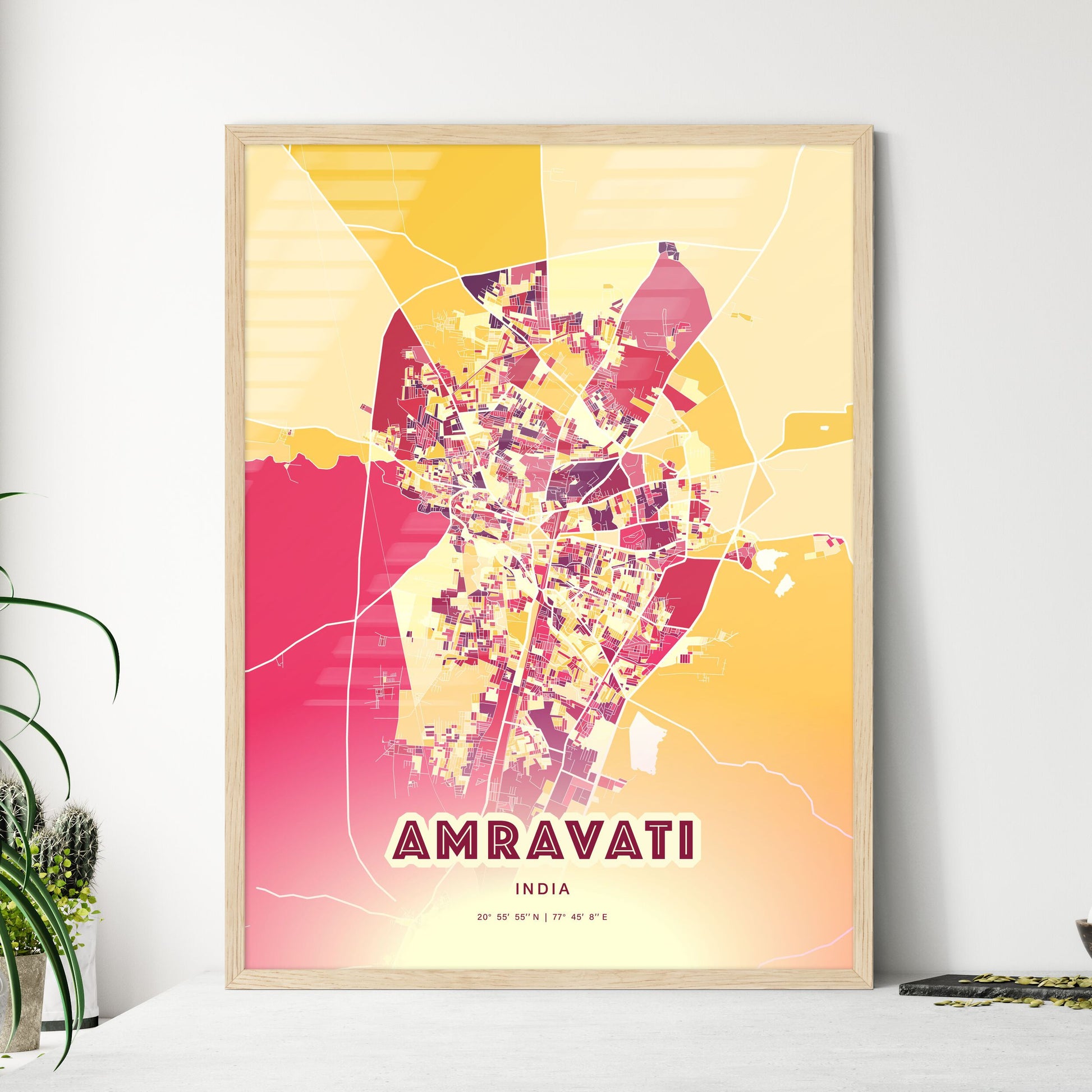 Colorful AMRAVATI INDIA Fine Art Map Hot Red