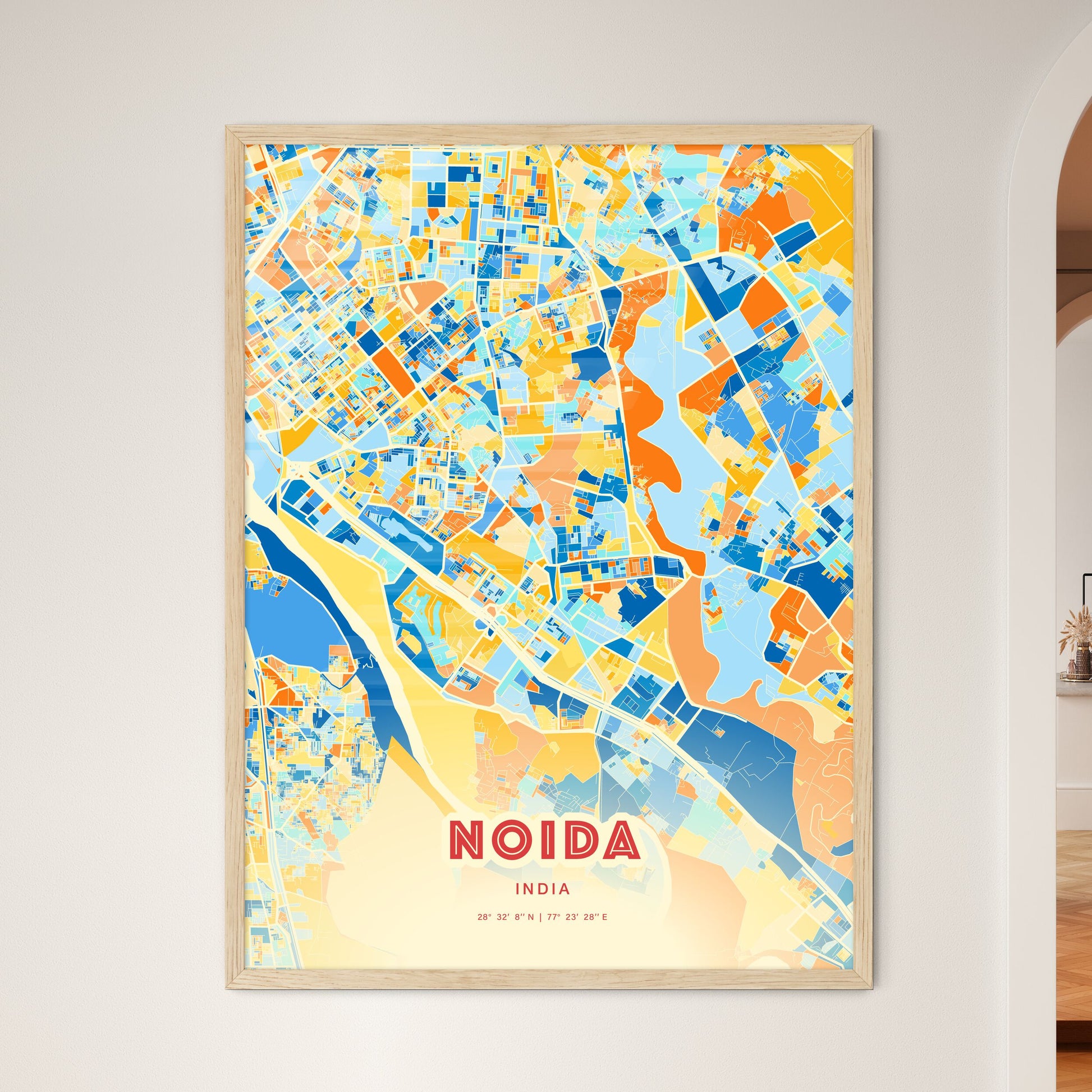 Colorful NOIDA INDIA Fine Art Map Blue Orange