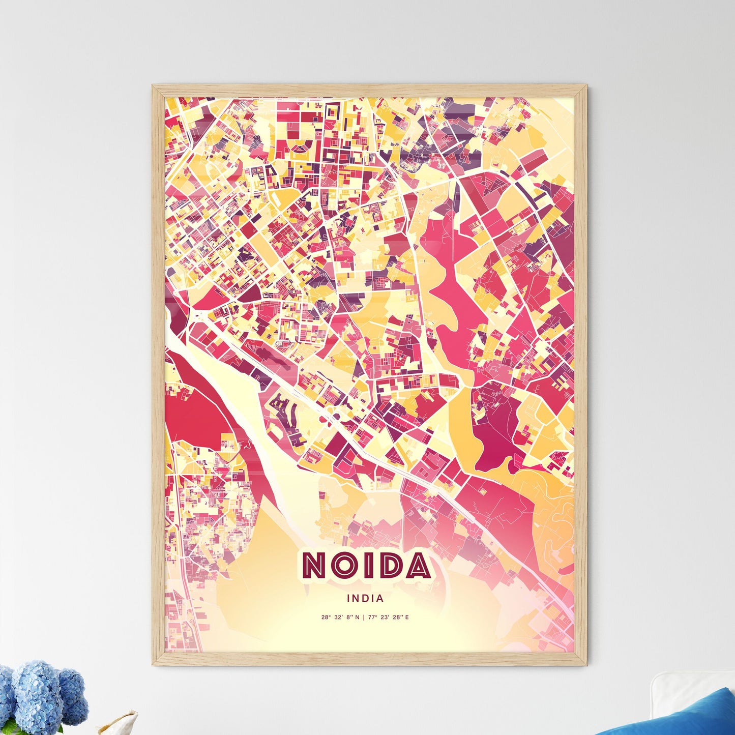 Colorful NOIDA INDIA Fine Art Map Hot Red