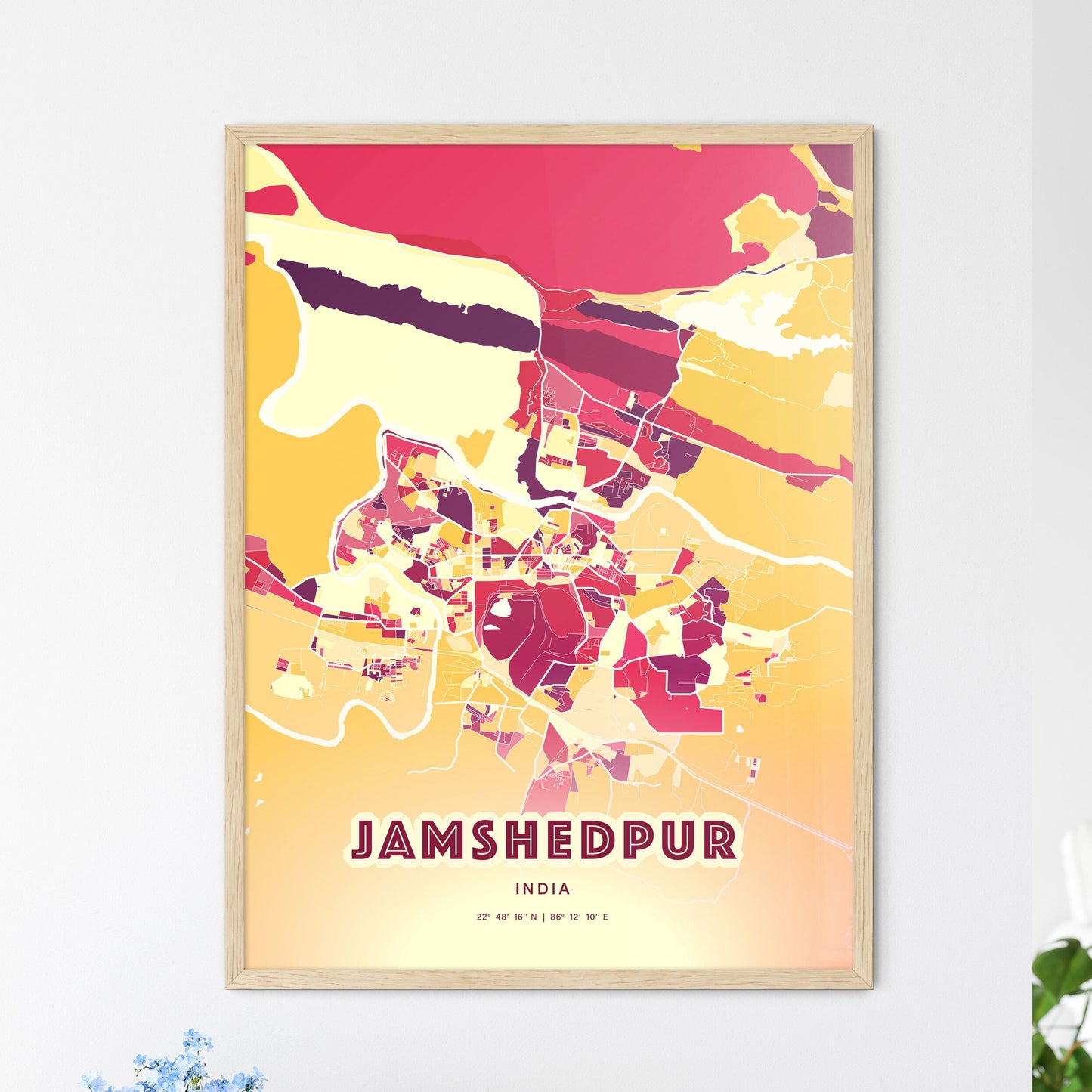 Colorful JAMSHEDPUR INDIA Fine Art Map Hot Red