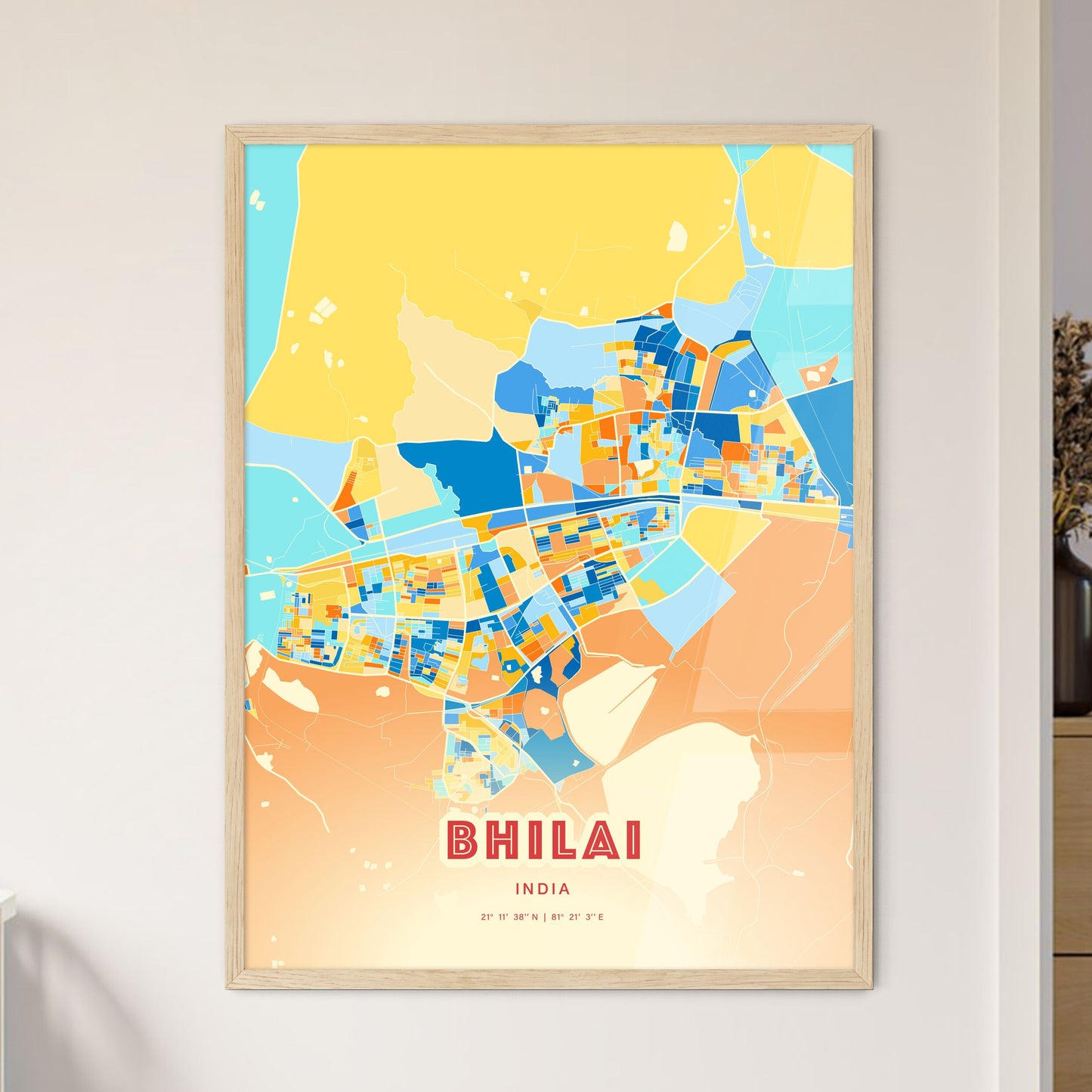 Colorful BHILAI INDIA Fine Art Map Blue Orange