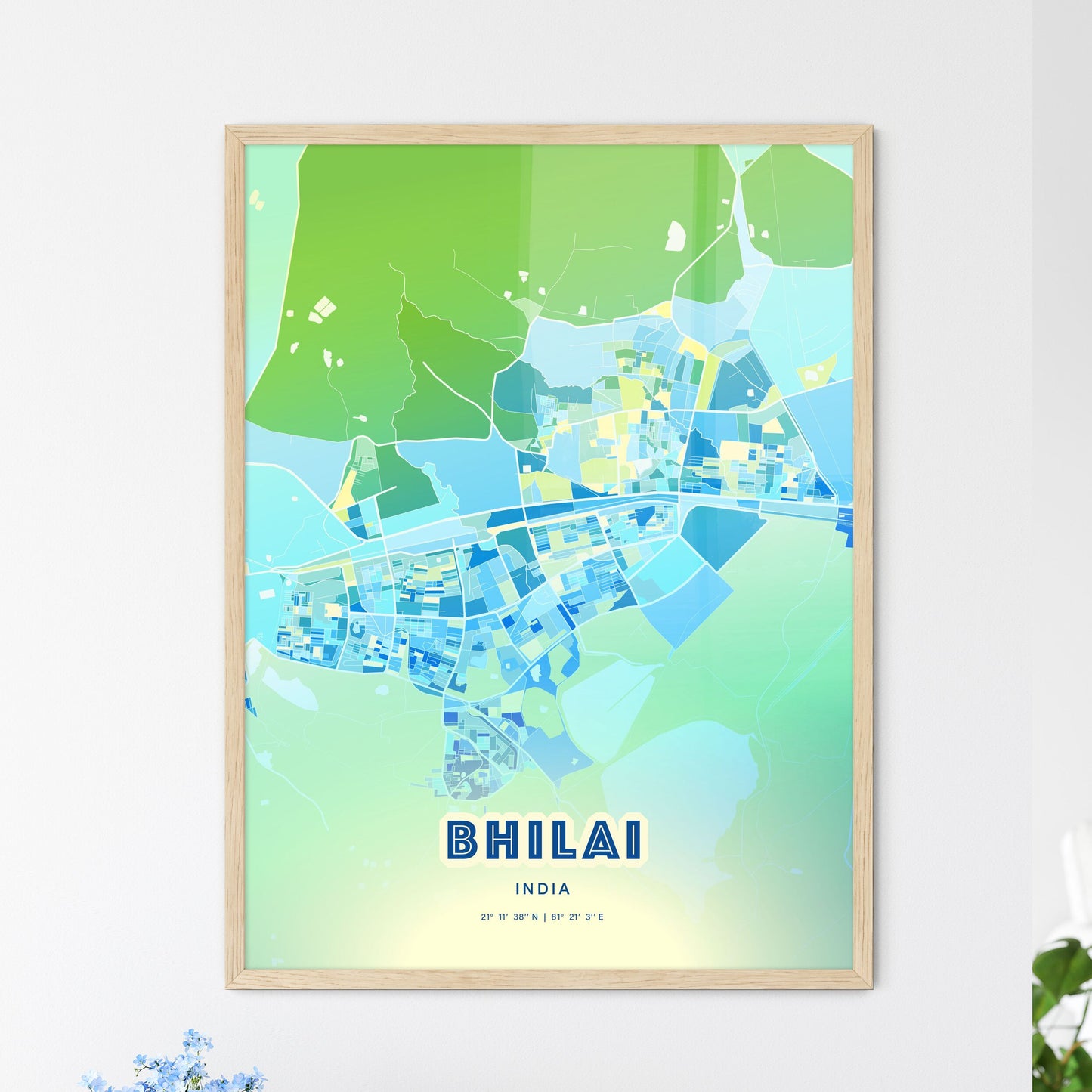 Colorful BHILAI INDIA Fine Art Map Cool Blue