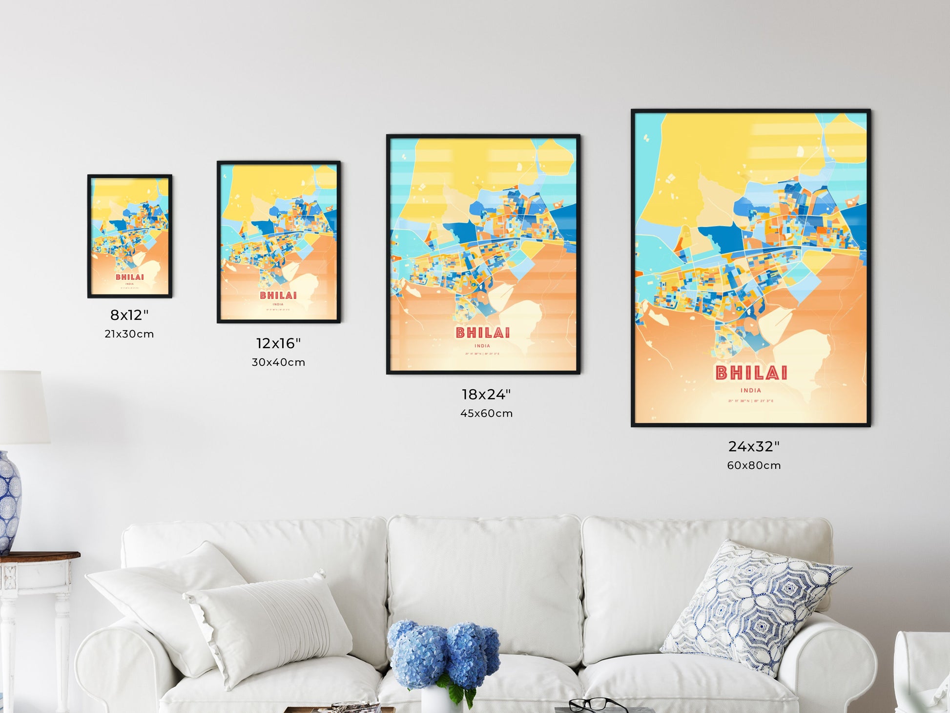 Colorful BHILAI INDIA Fine Art Map Blue Orange