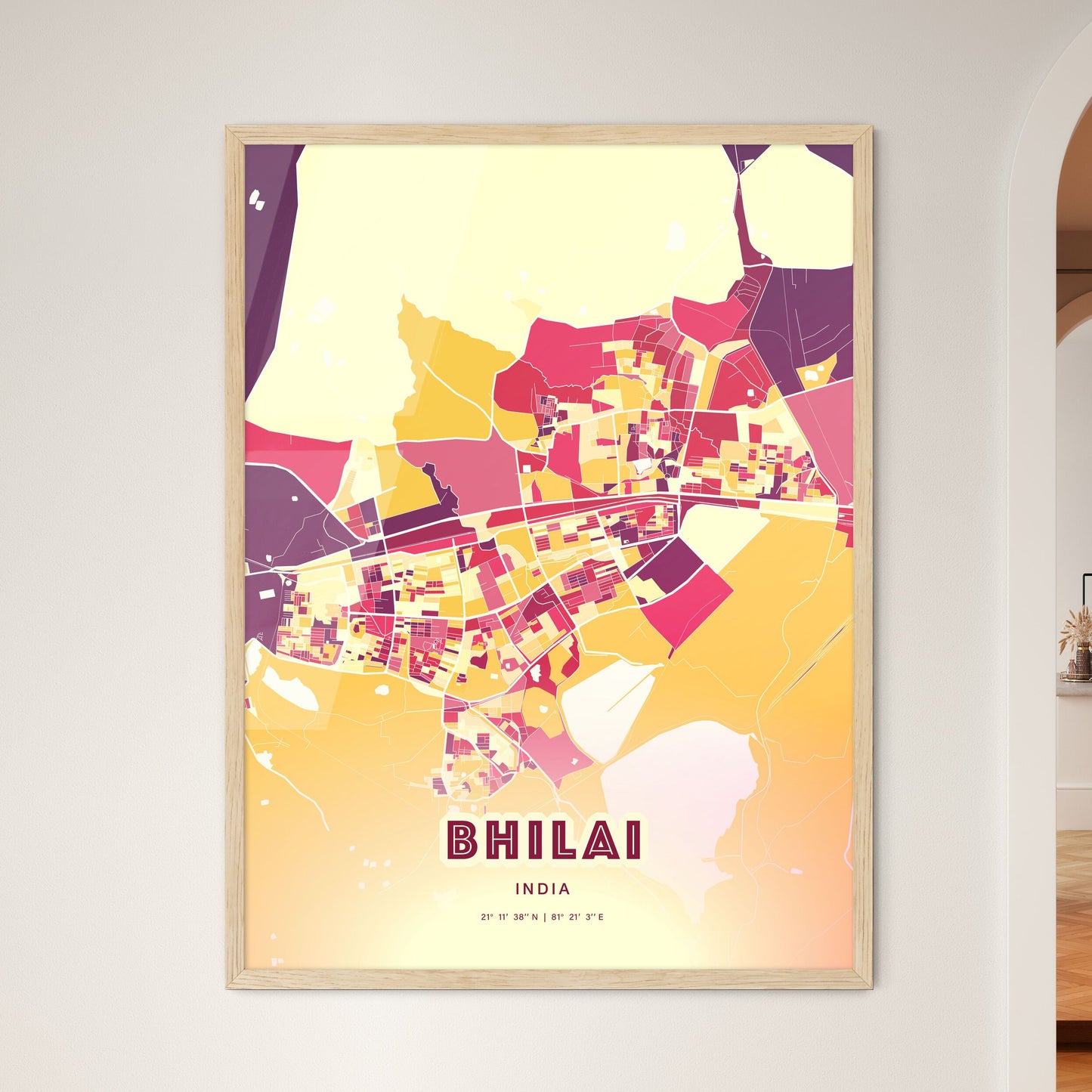 Colorful BHILAI INDIA Fine Art Map Hot Red