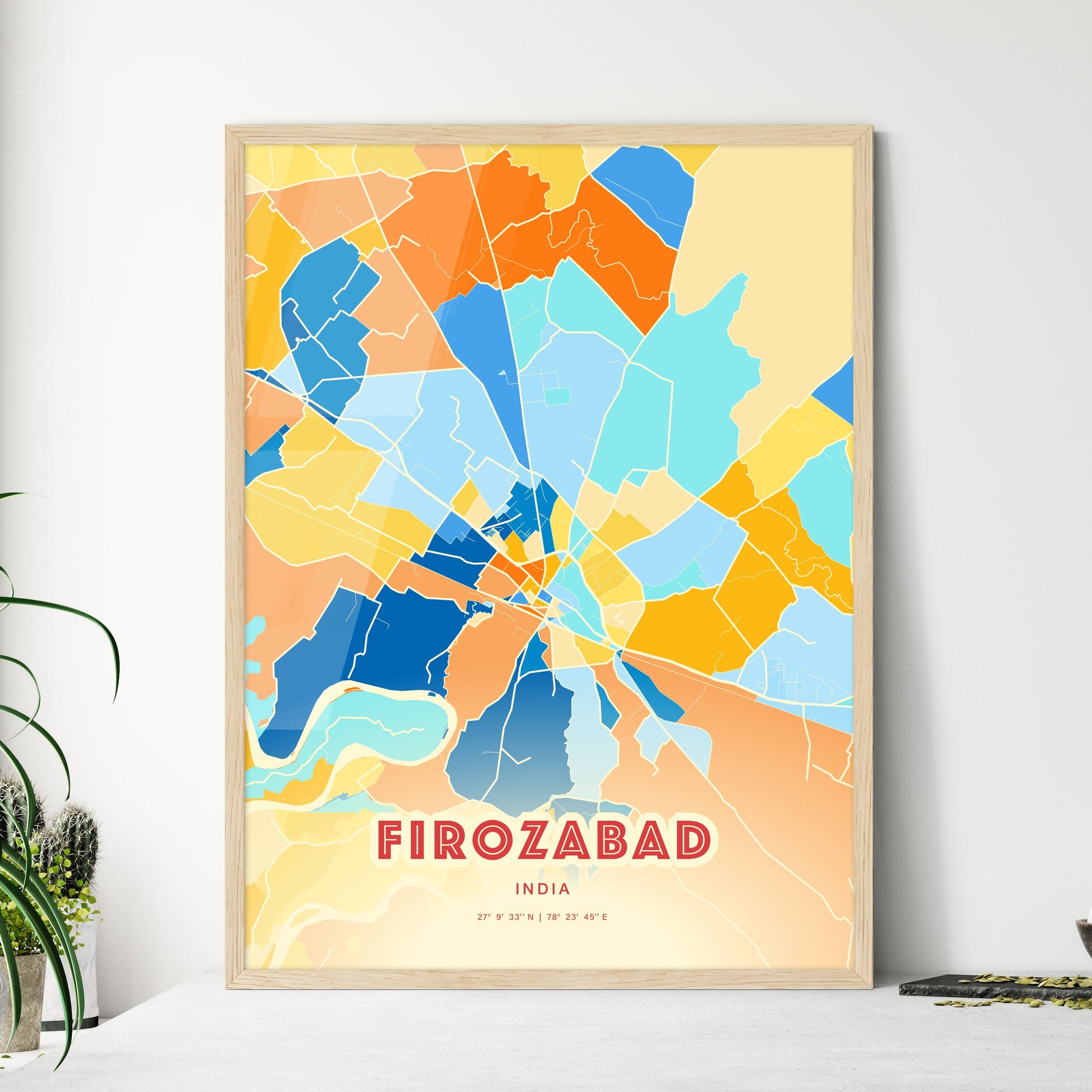 Colorful FIROZABAD INDIA Fine Art Map Blue Orange