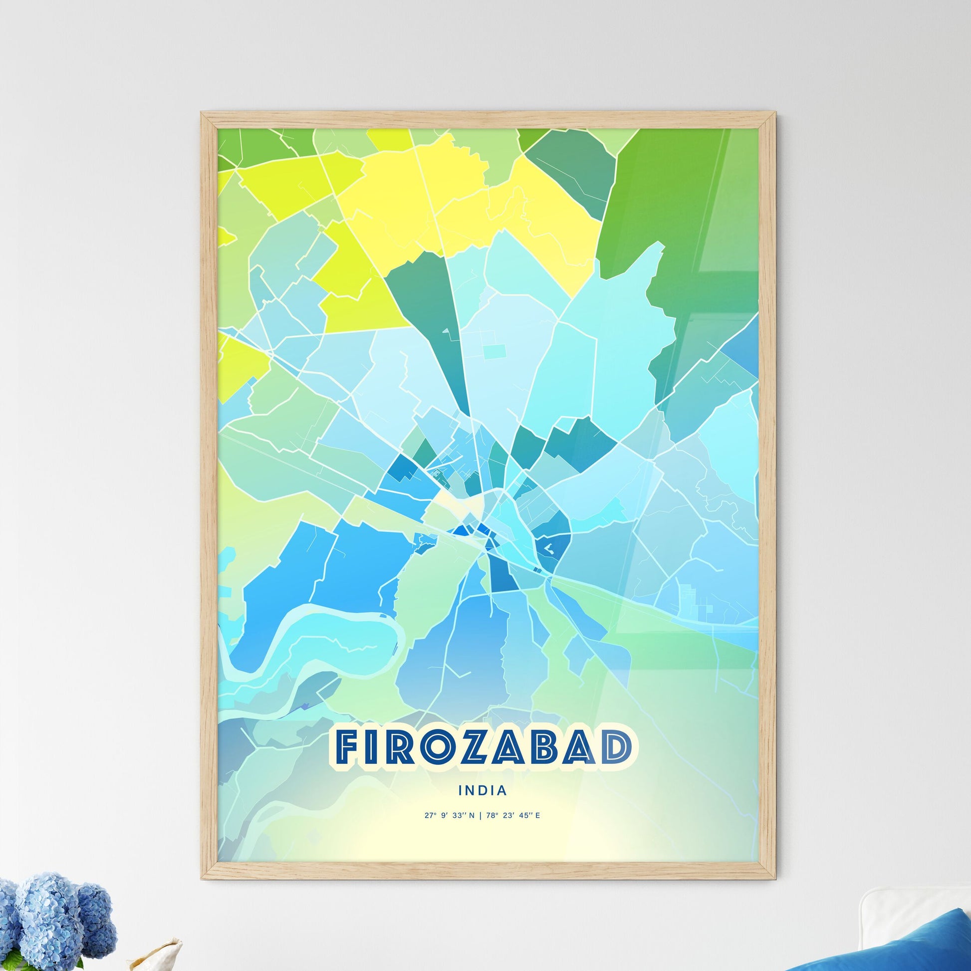 Colorful FIROZABAD INDIA Fine Art Map Cool Blue