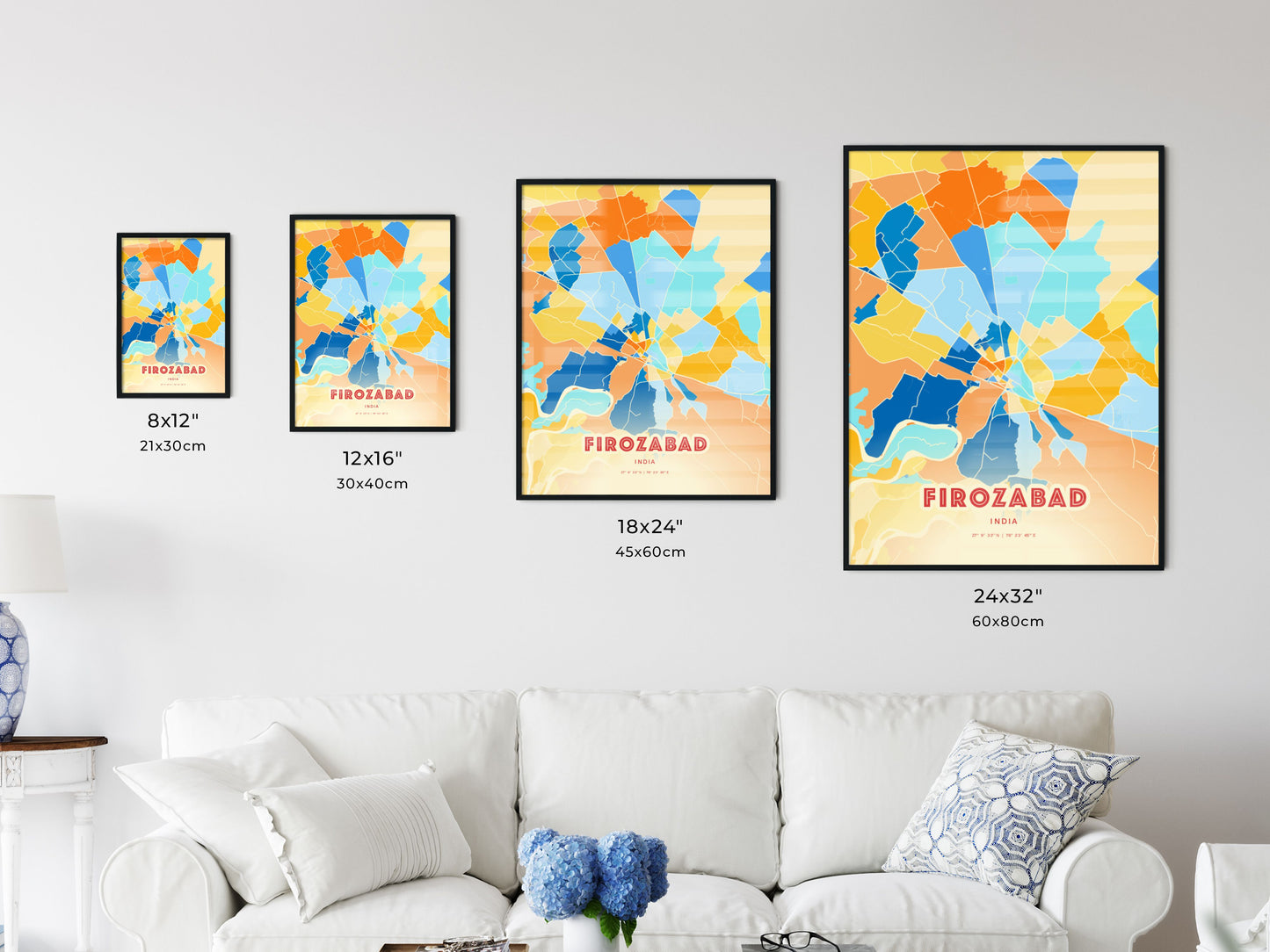 Colorful FIROZABAD INDIA Fine Art Map Blue Orange