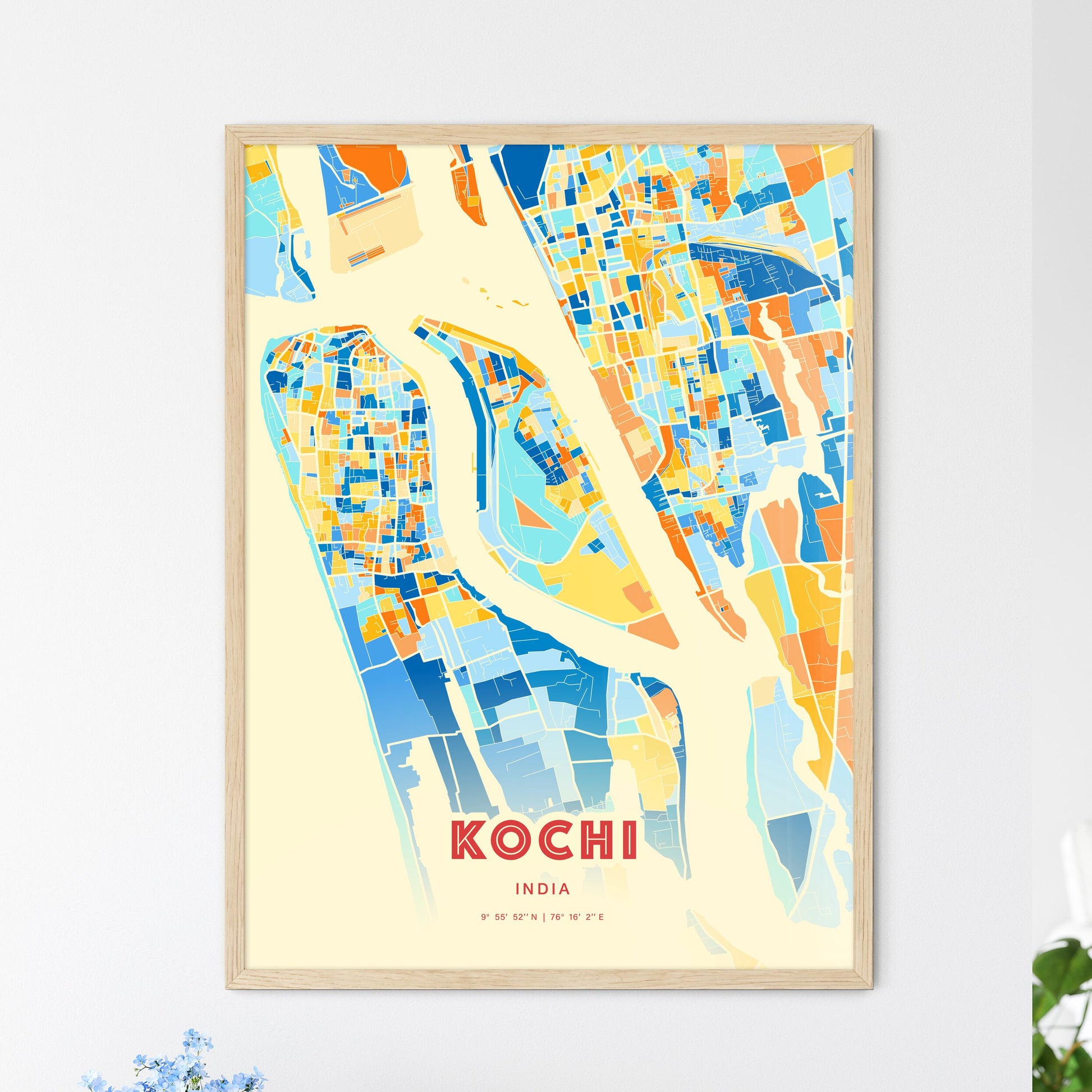 Colorful KOCHI INDIA Fine Art Map Blue Orange