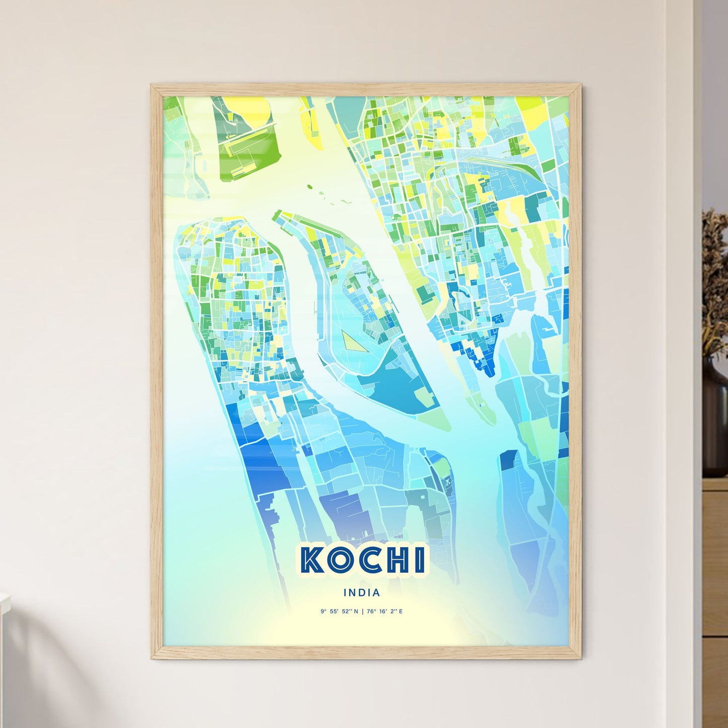 Colorful KOCHI INDIA Fine Art Map Cool Blue