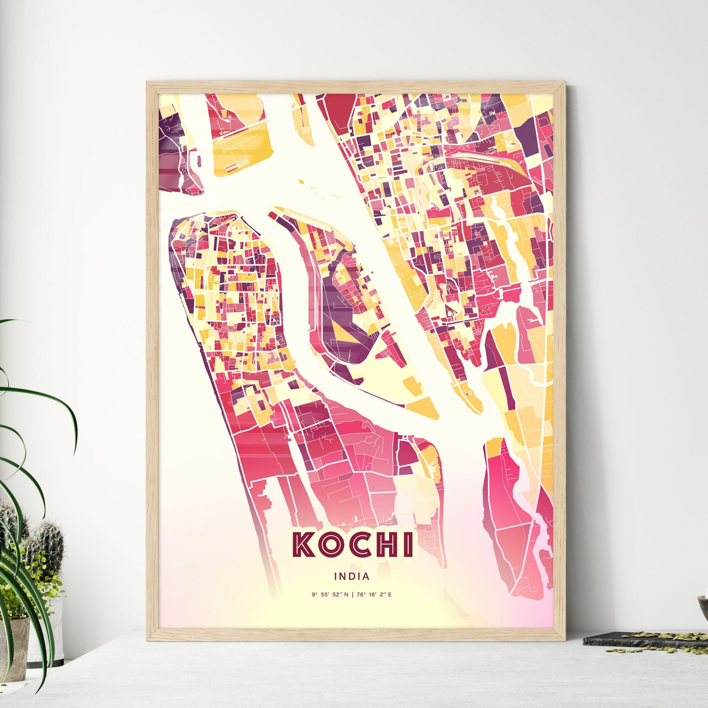 Colorful KOCHI INDIA Fine Art Map Hot Red