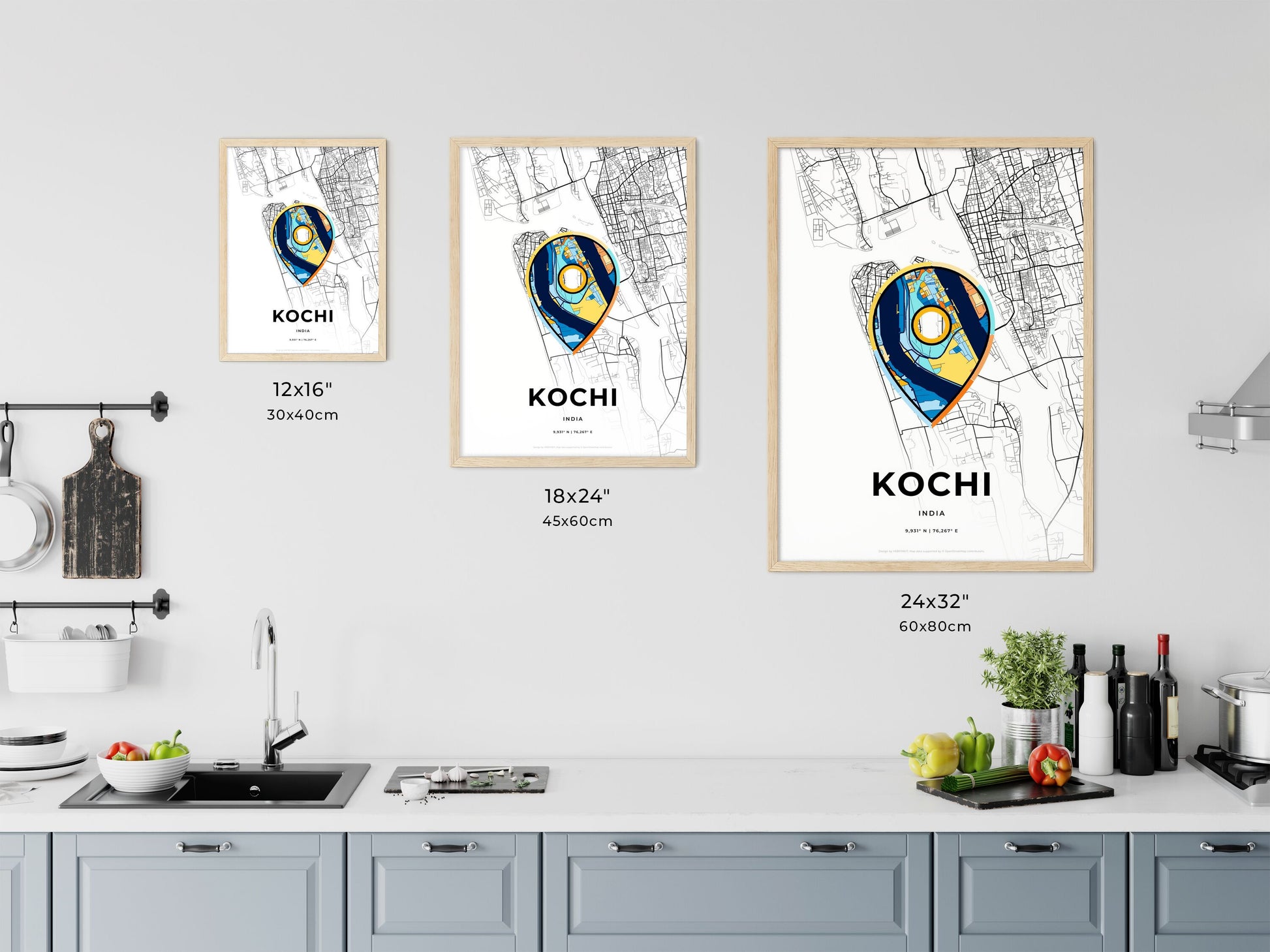 KOCHI INDIA minimal art map with a colorful icon. Where it all began, Couple map gift.