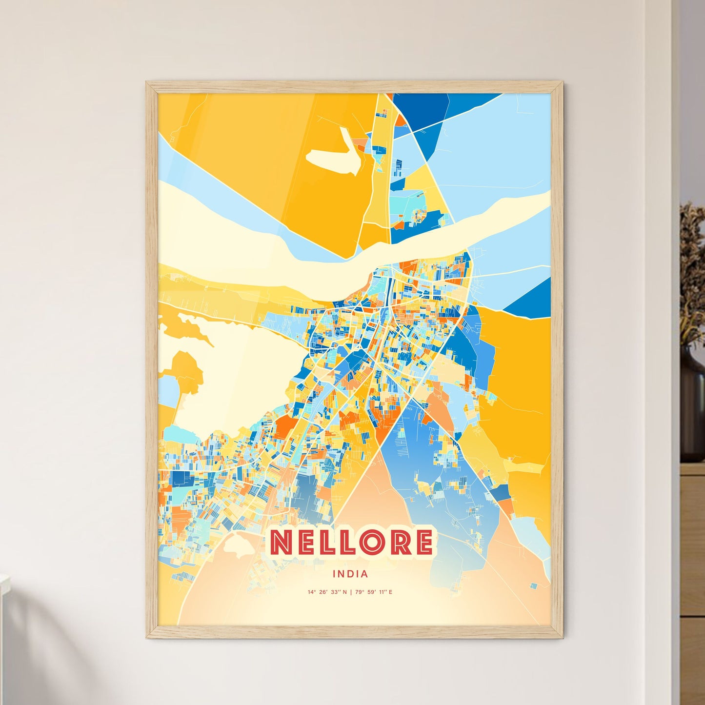 Colorful NELLORE INDIA Fine Art Map Blue Orange