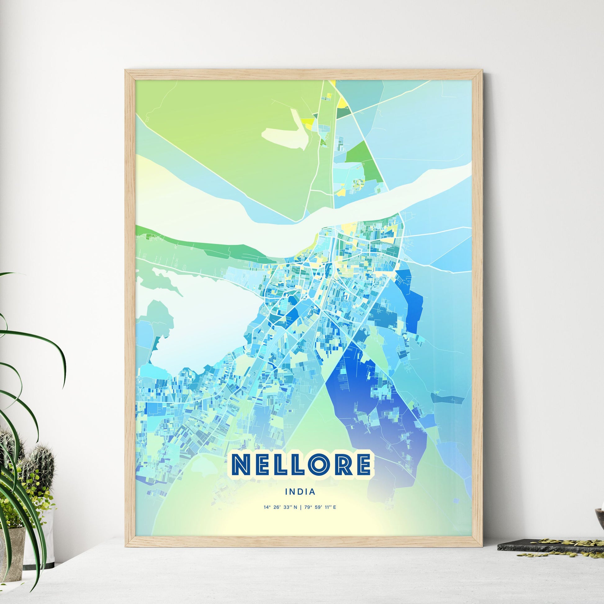 Colorful NELLORE INDIA Fine Art Map Cool Blue