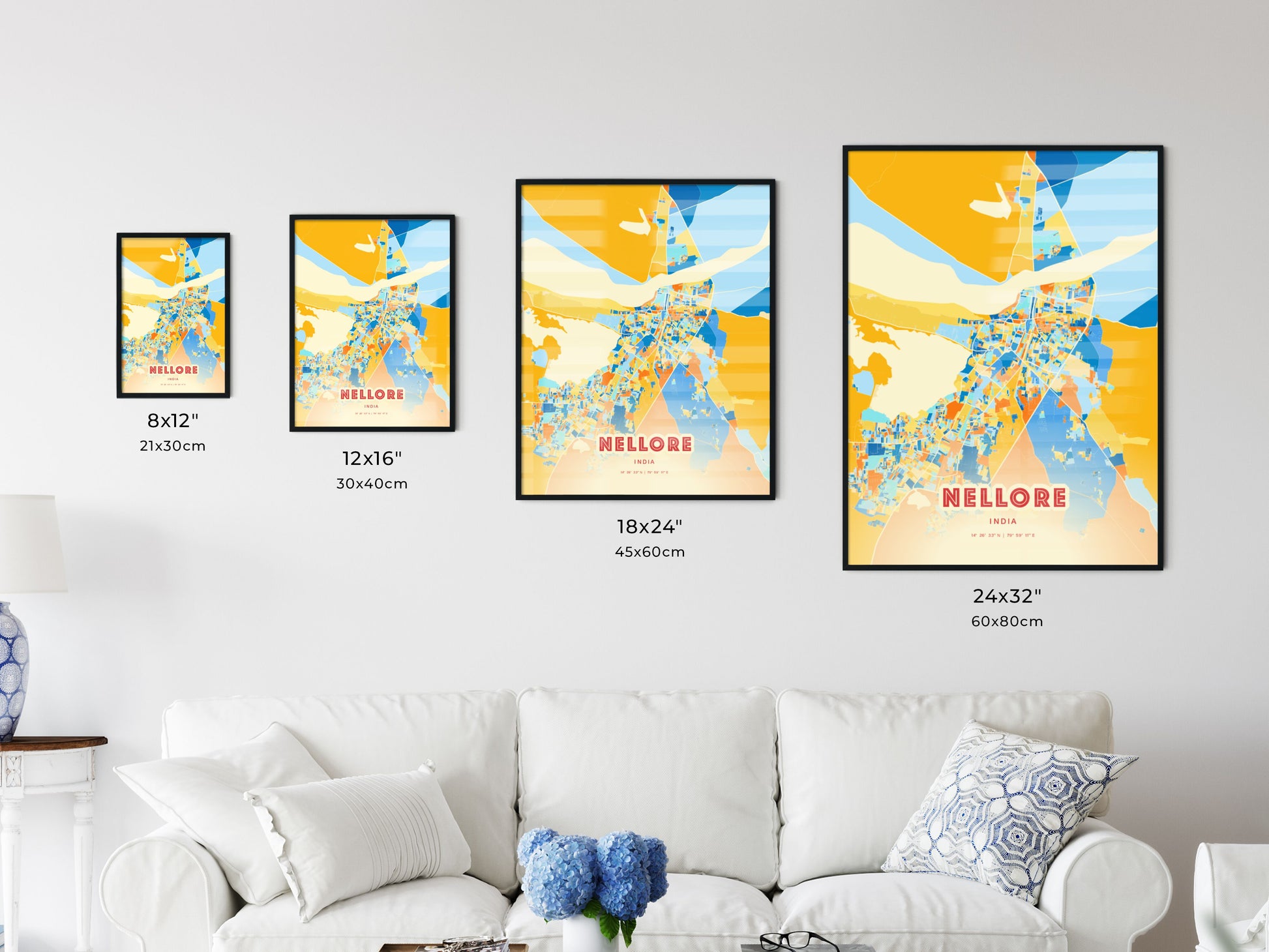 Colorful NELLORE INDIA Fine Art Map Blue Orange